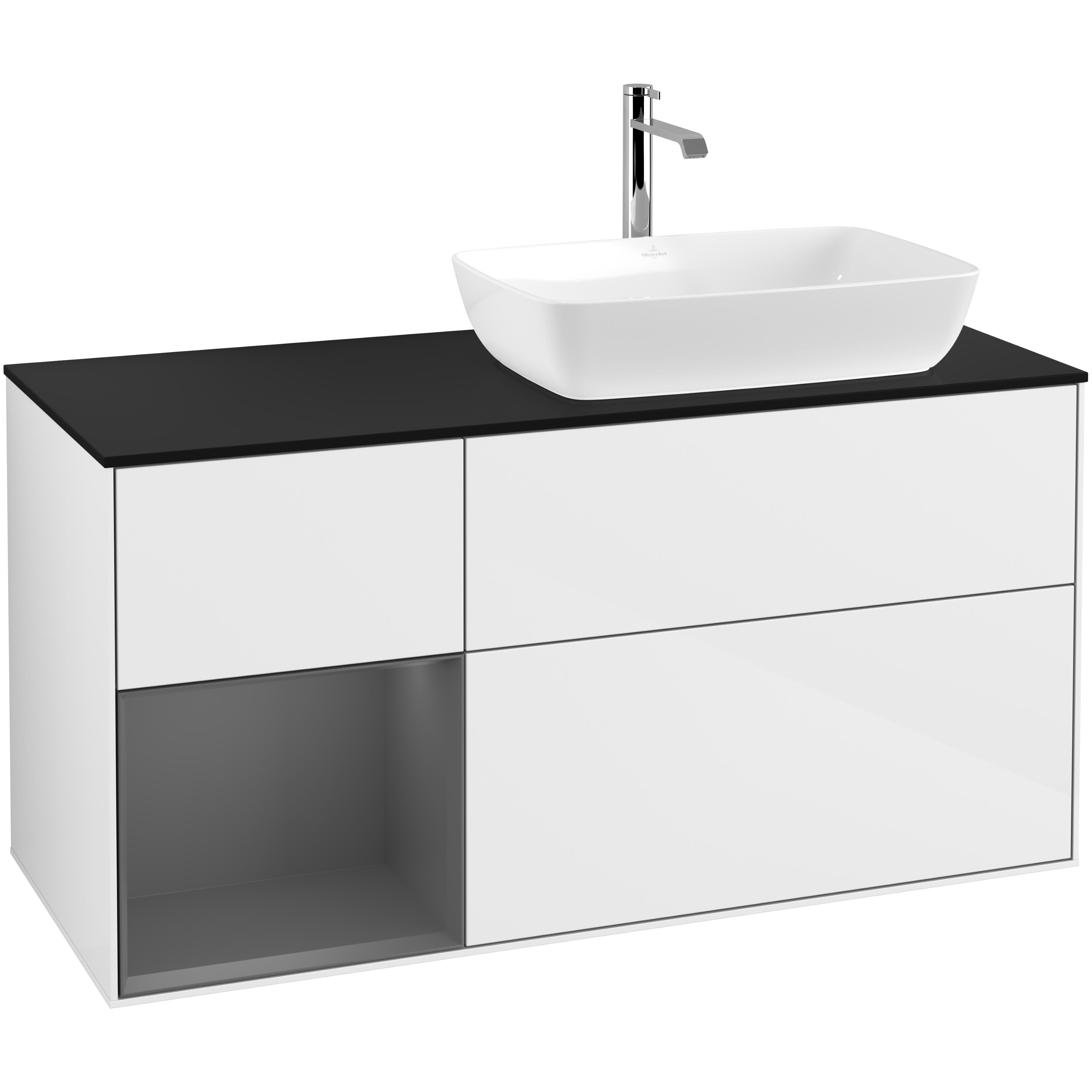 Tvättställsskåp Villeroy & Boch Finion F802GKGF Vit Högblank/Antracitgrå Mattlack med bänkskiva i Mattsvart glas, Lucka Vänster Med Blandarhål utan Väggbelysning
