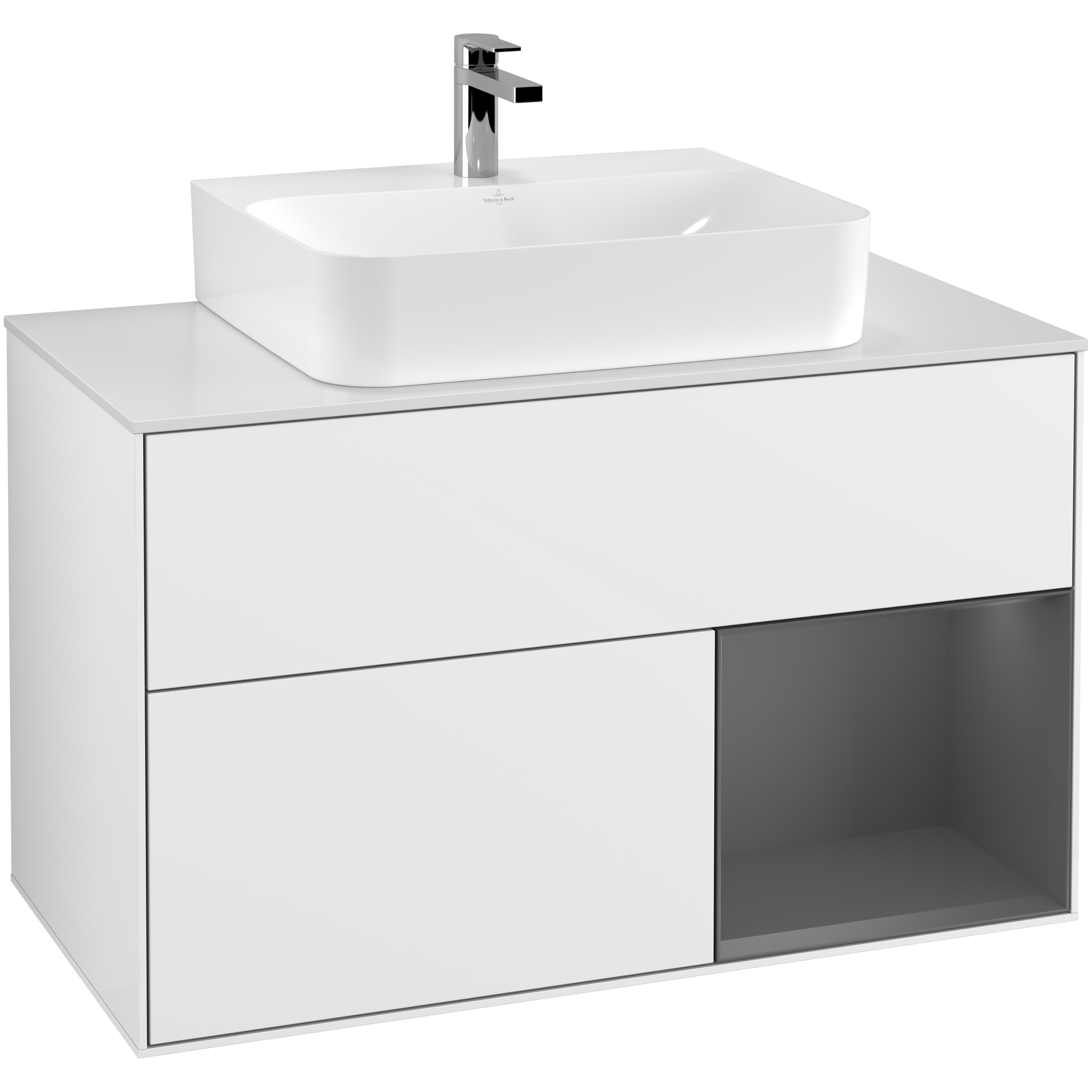 Tvättställsskåp Villeroy & Boch Finion G121GKGF Vit Högblank/Antracitgrå Mattlack med bänkskiva i Mattvitt glas med Väggbelysning, Lucka Höger