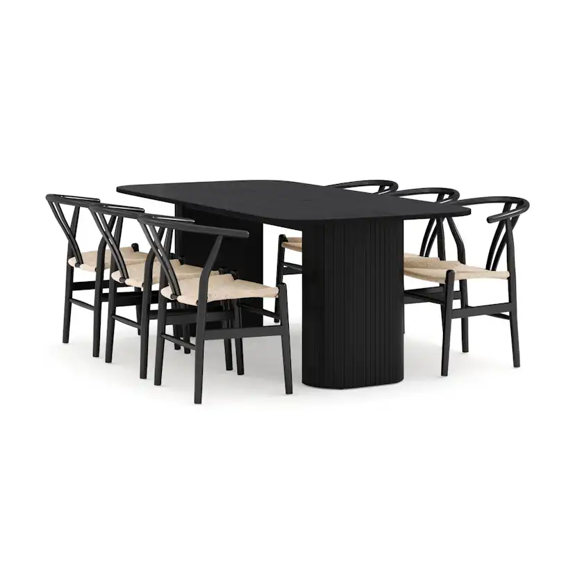 Matgrupp Bark Kopparbo Rektangulärt Matbord 200x100 cm med 6 Dastoori Matstol Svart