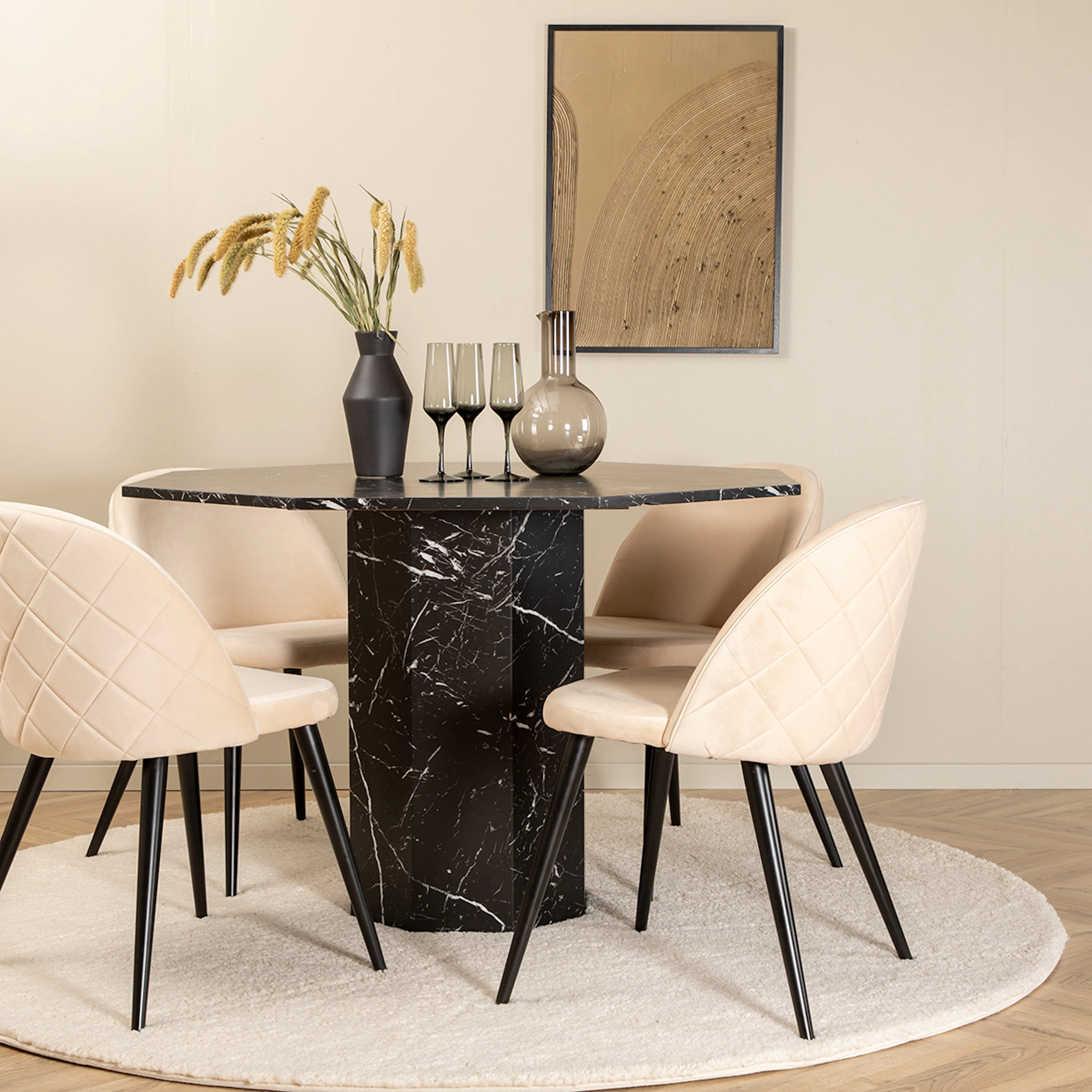 Marbs Round Dining Table  - Black / Black Glass Marble+Velve Material Sammet