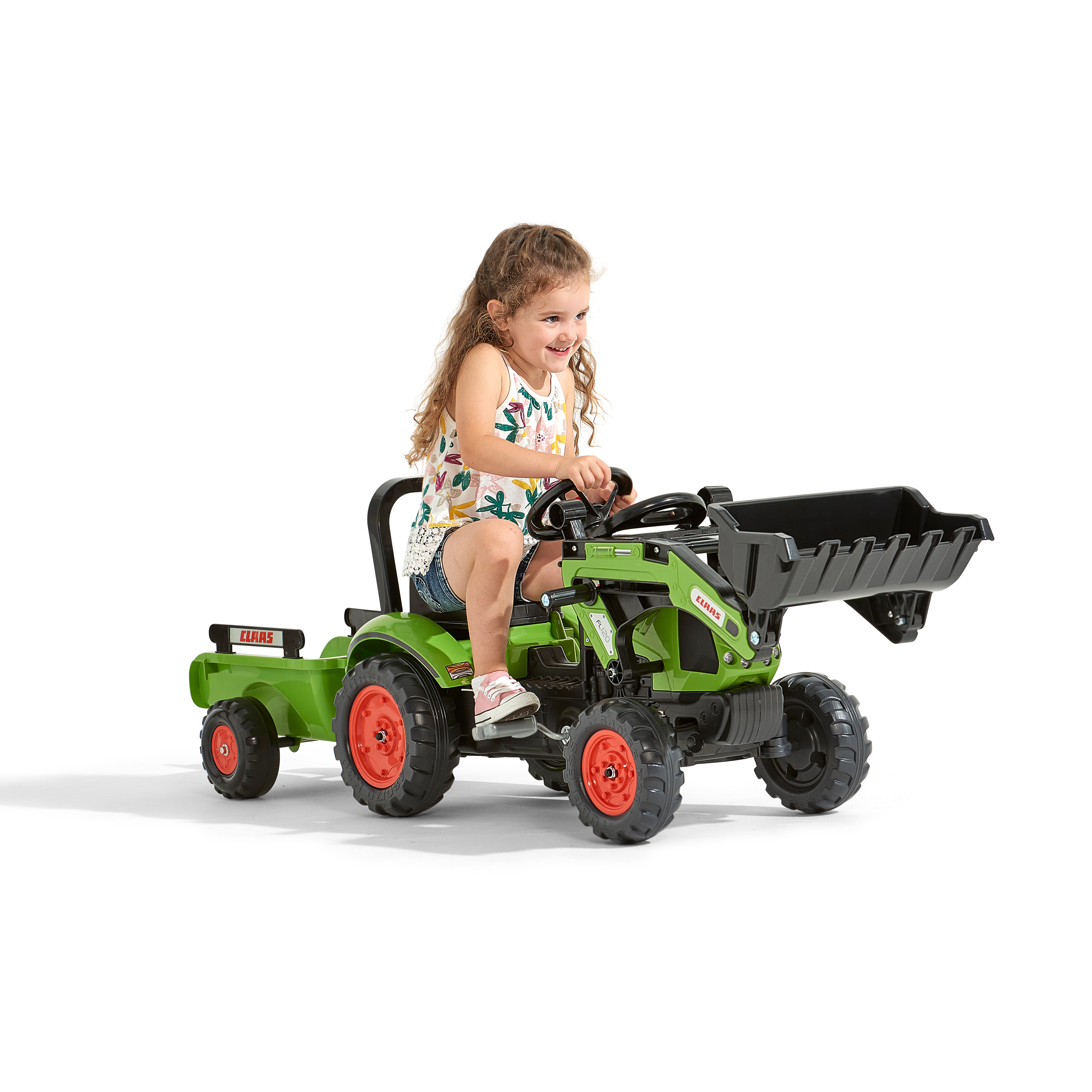 Trampbil Falk Frontlastare Claas med Vagn för Barn Grön