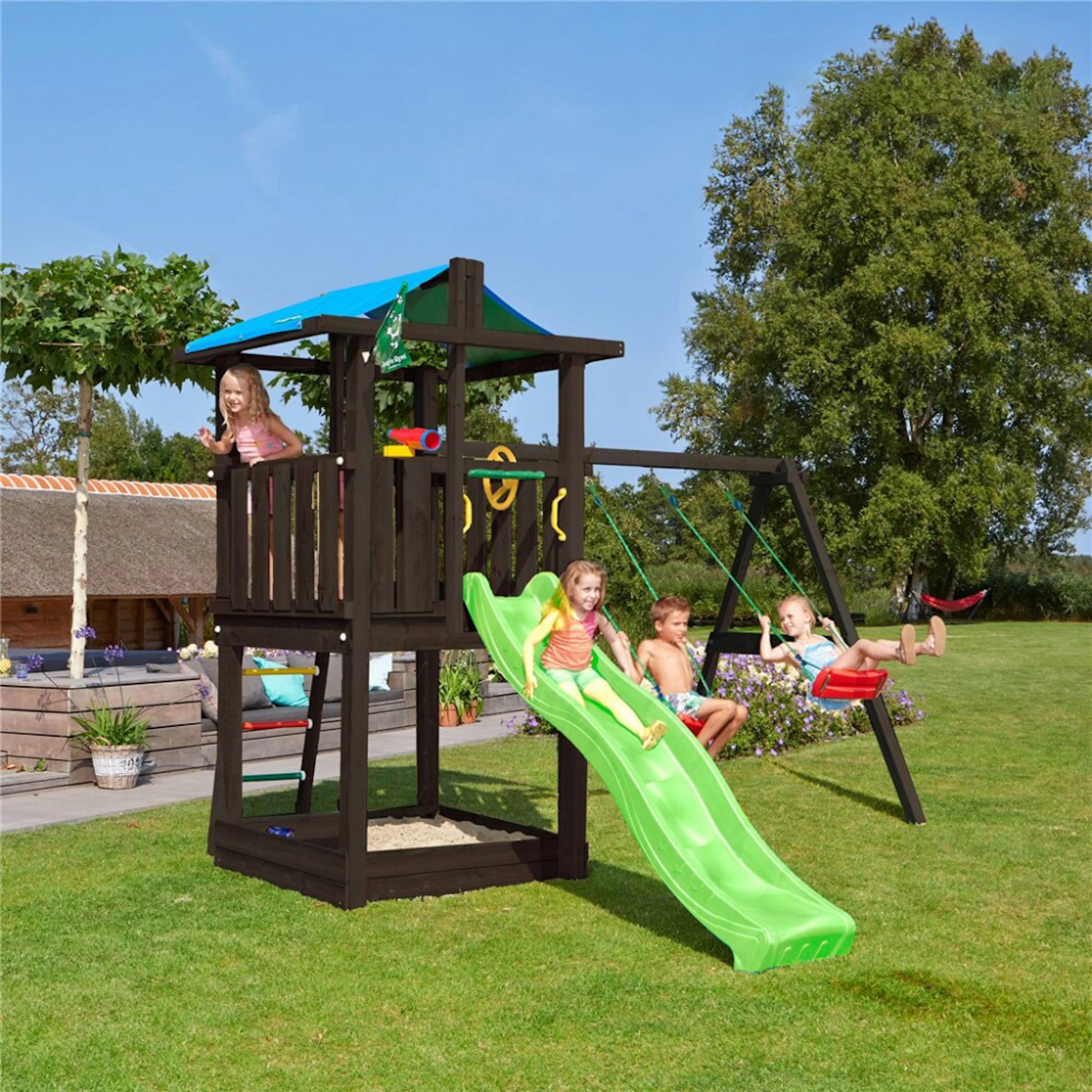 Lektorn Jungle Gym Hut inkl. swing module xtra och rutschkana, grundmålat svart