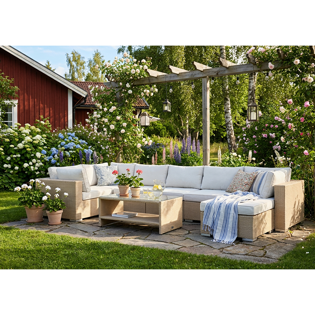 Loungegrupp Comfort Garden Bahamas U-formad utomhus loungegrupp 7-sits med vändbar divan och bord med hylla