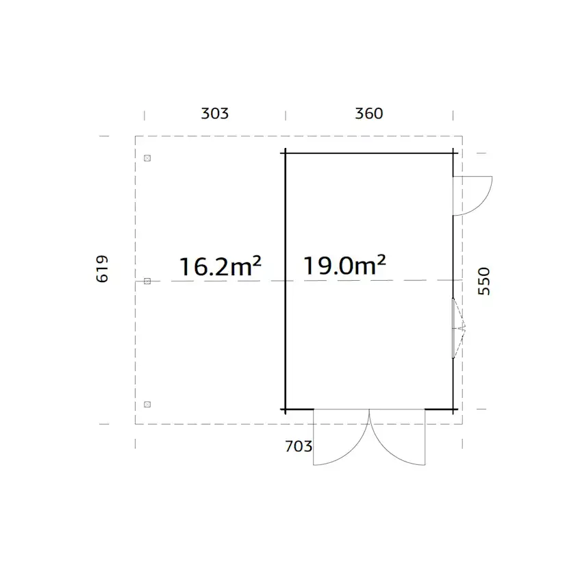 Roger 19,0+16,2 m2 with wooden gate GYDIP Impregnerad grå