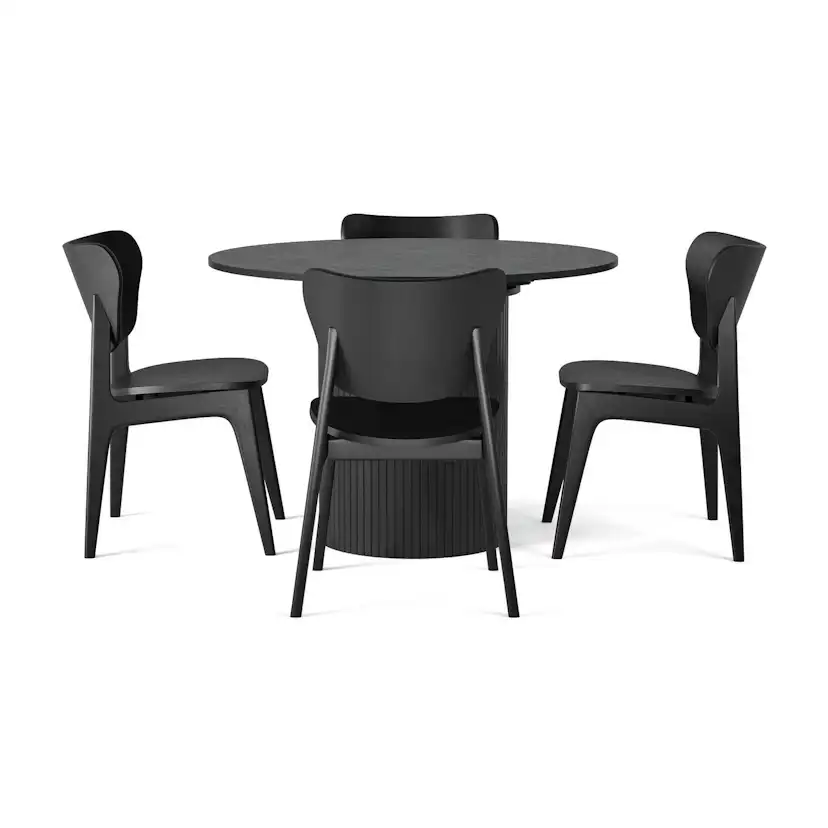 Matgrupp Bark Kopparbo Runt Matbord 106-156 cm Förlängningsbartt med 4 Jerup Matstol