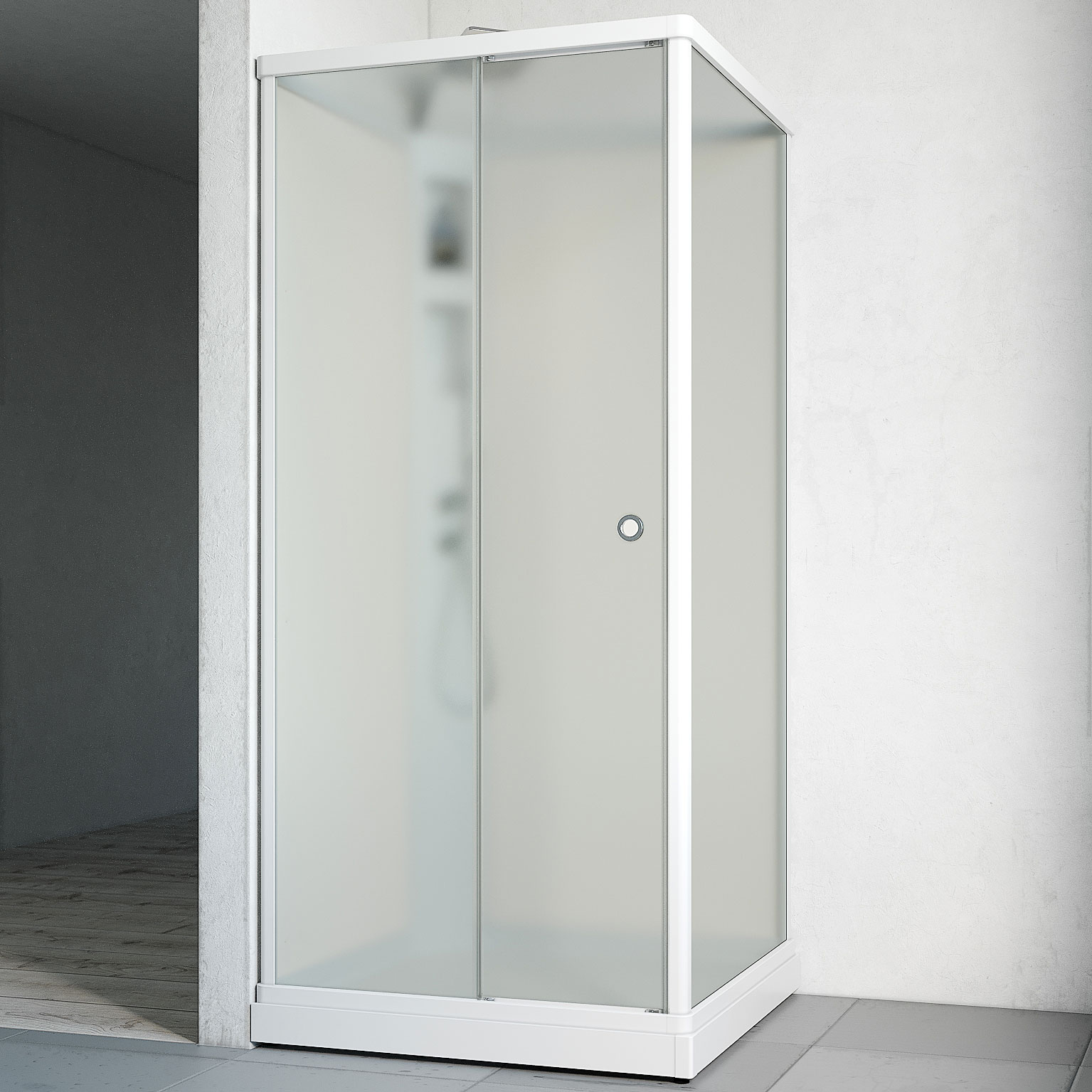 Duschkabin Macro Design Flow Front med Infälld Blandare, 910x910 mm, Vit Profil, Ice/Vit bakvägg