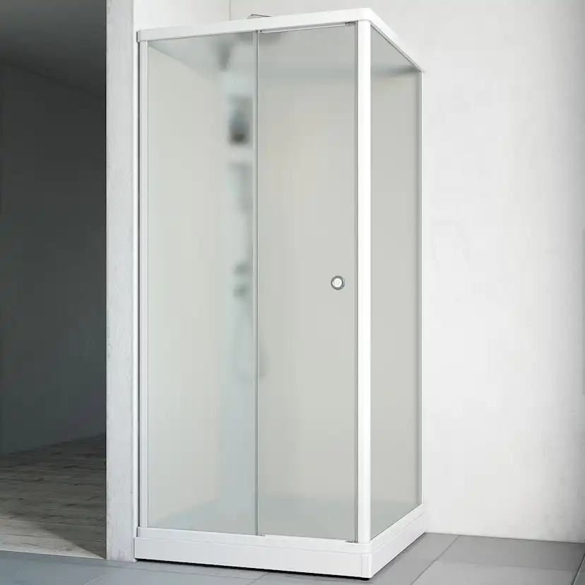 Duschkabin Macro Design Flow Front med Infälld Blandare, 910x910 mm, Vit Profil, Ice/Vit bakvägg