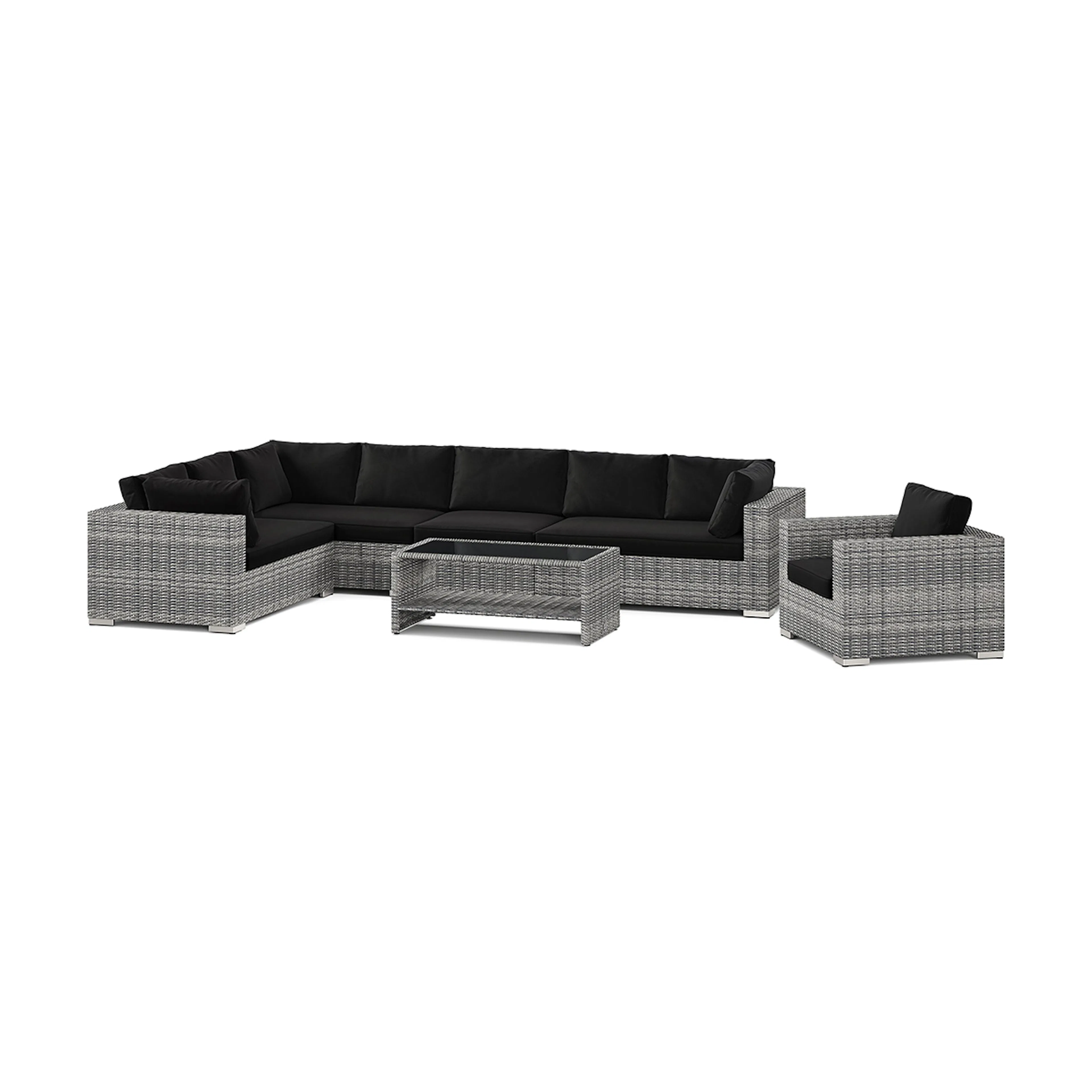 Loungegrupp Comfort Garden Bahamas utomhus L-soffa höger 8-sits med fåtölj och bord med hylla