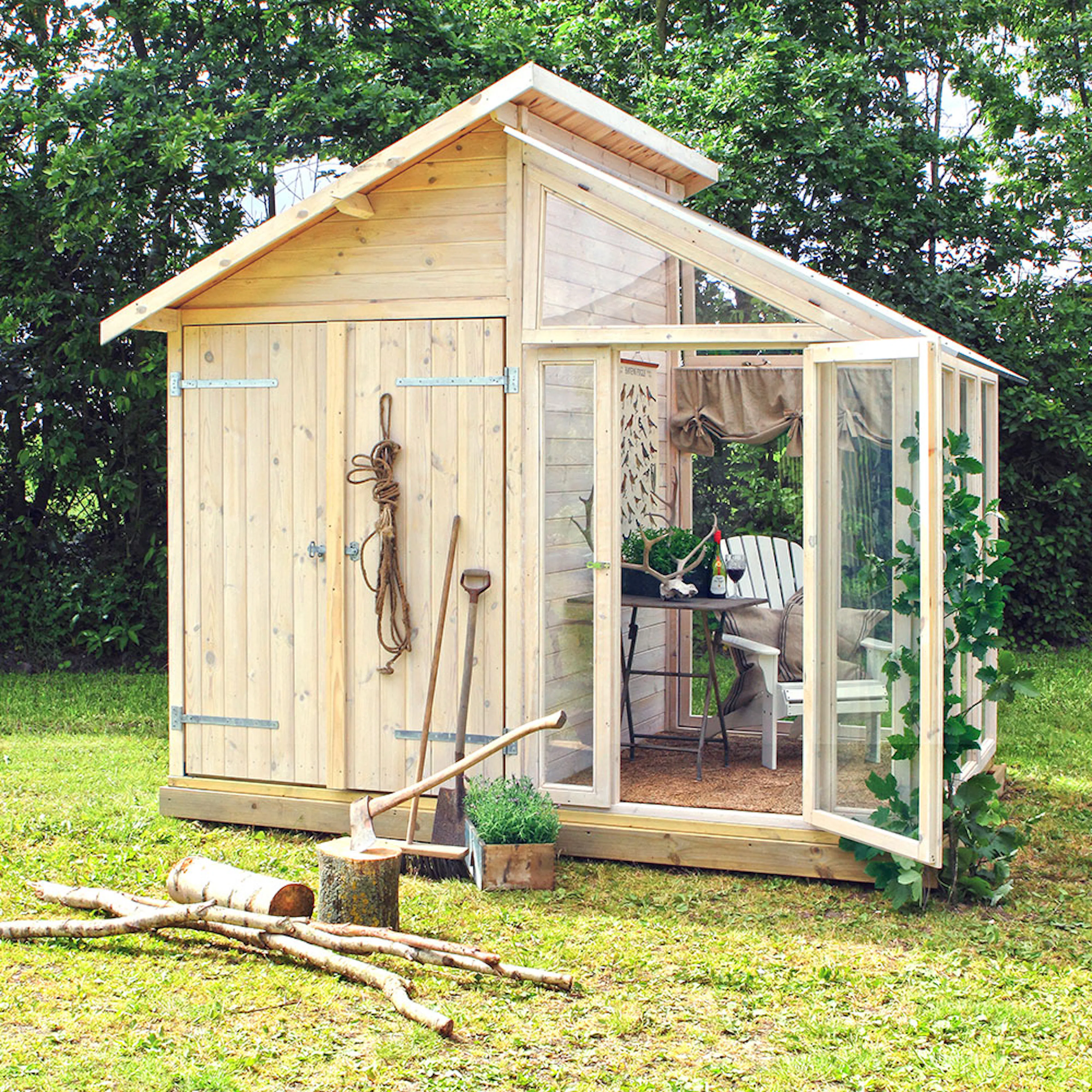 Växthus PLUS Obehandlad Furu med Förråd & Härdat Glas, 6,6 m²