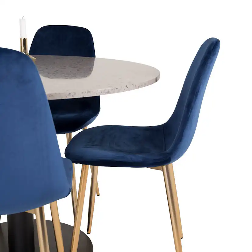 RazziaBord106cm-GråTerazo/Black+PolarStol-Mässing/BlåSammet4 Grått Bord med Svarta Ben, Blå Stol med Mässingsben