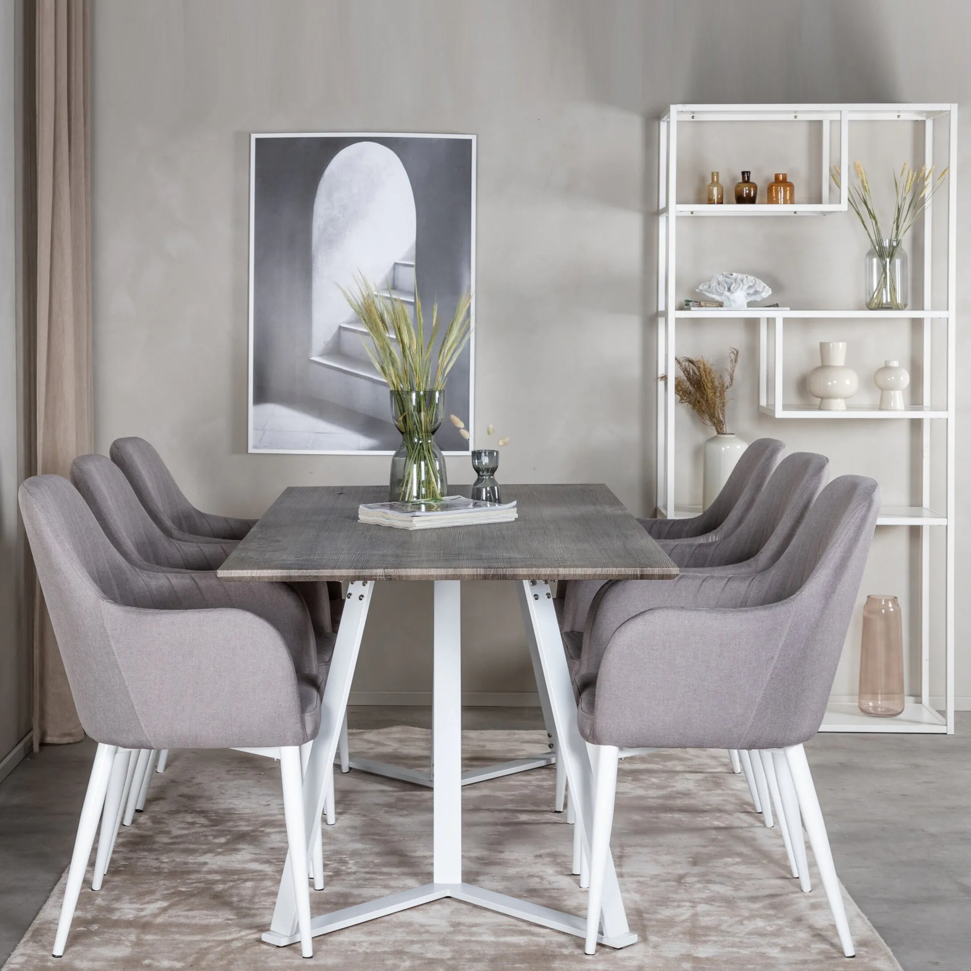 Marina Dining Table - Grey "oak" / White Legs +Comfort Chair Grå