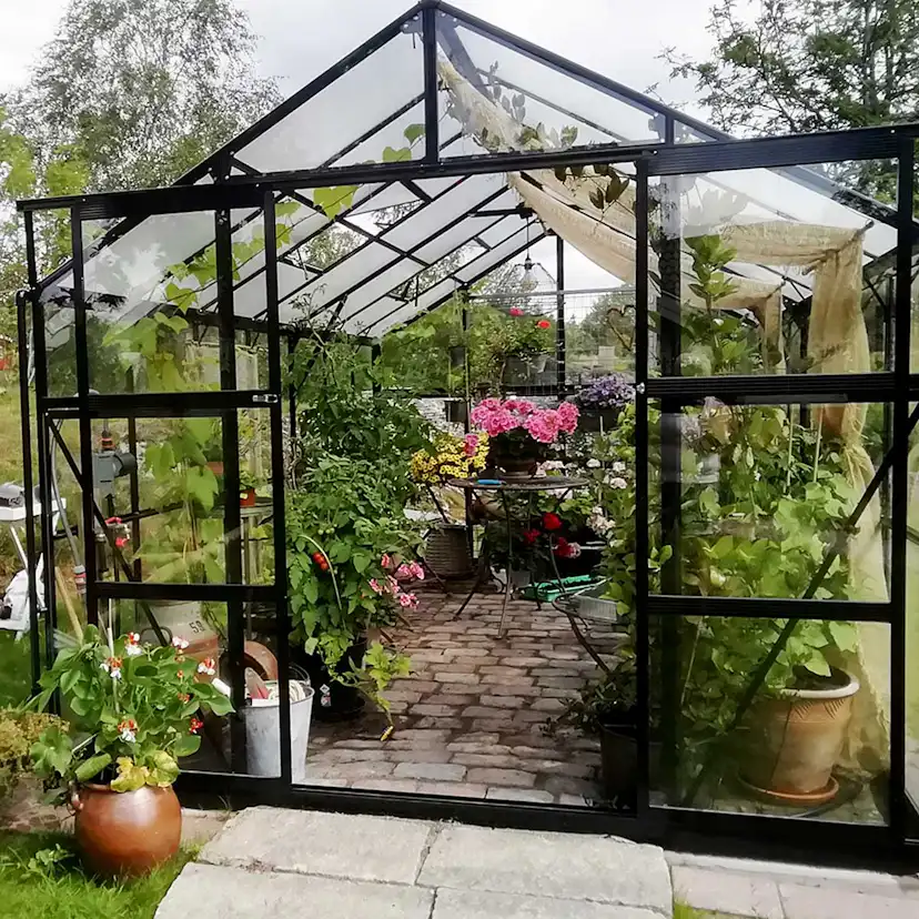 Växthus 11,13m2, glas, pc-tak(433X257X228CM),Svart Svart