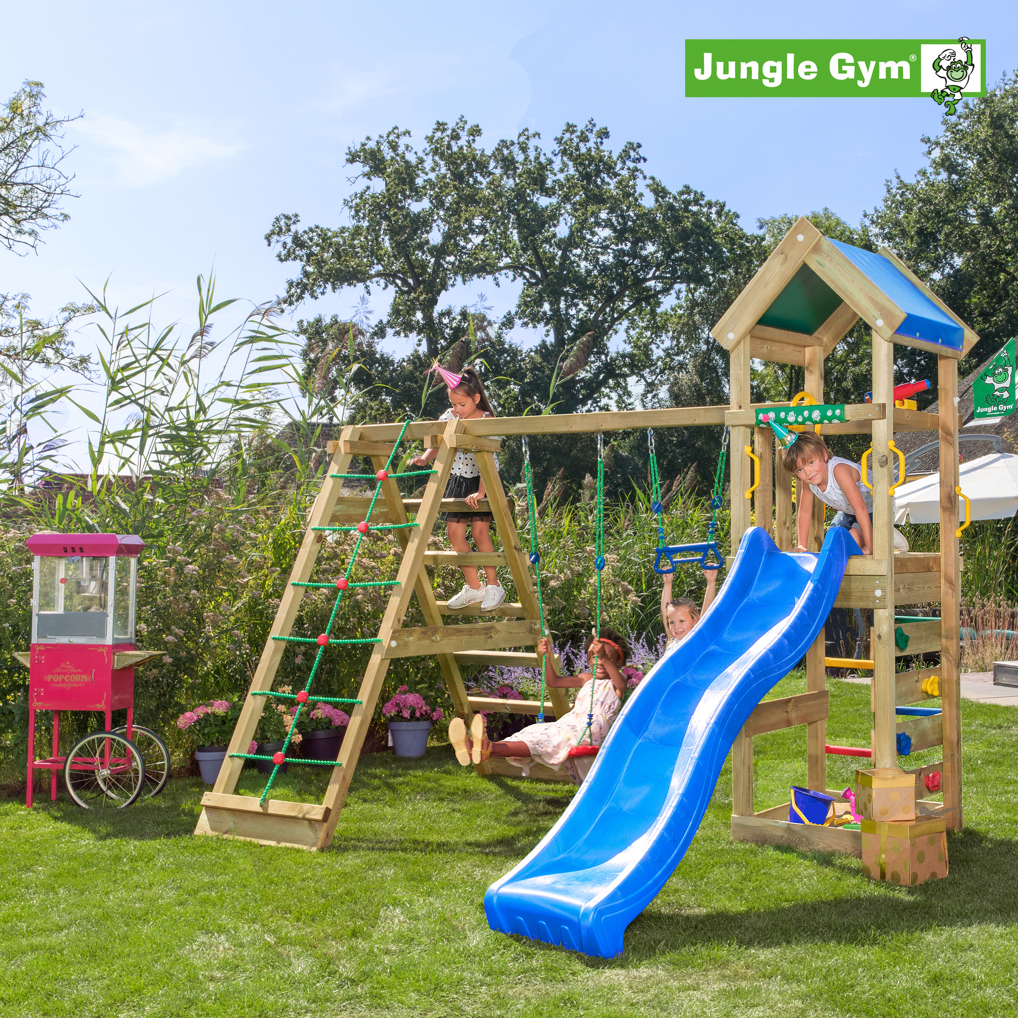 Jungle Gym Patio med klätterställning, 2 gungor och blå ruts Blå