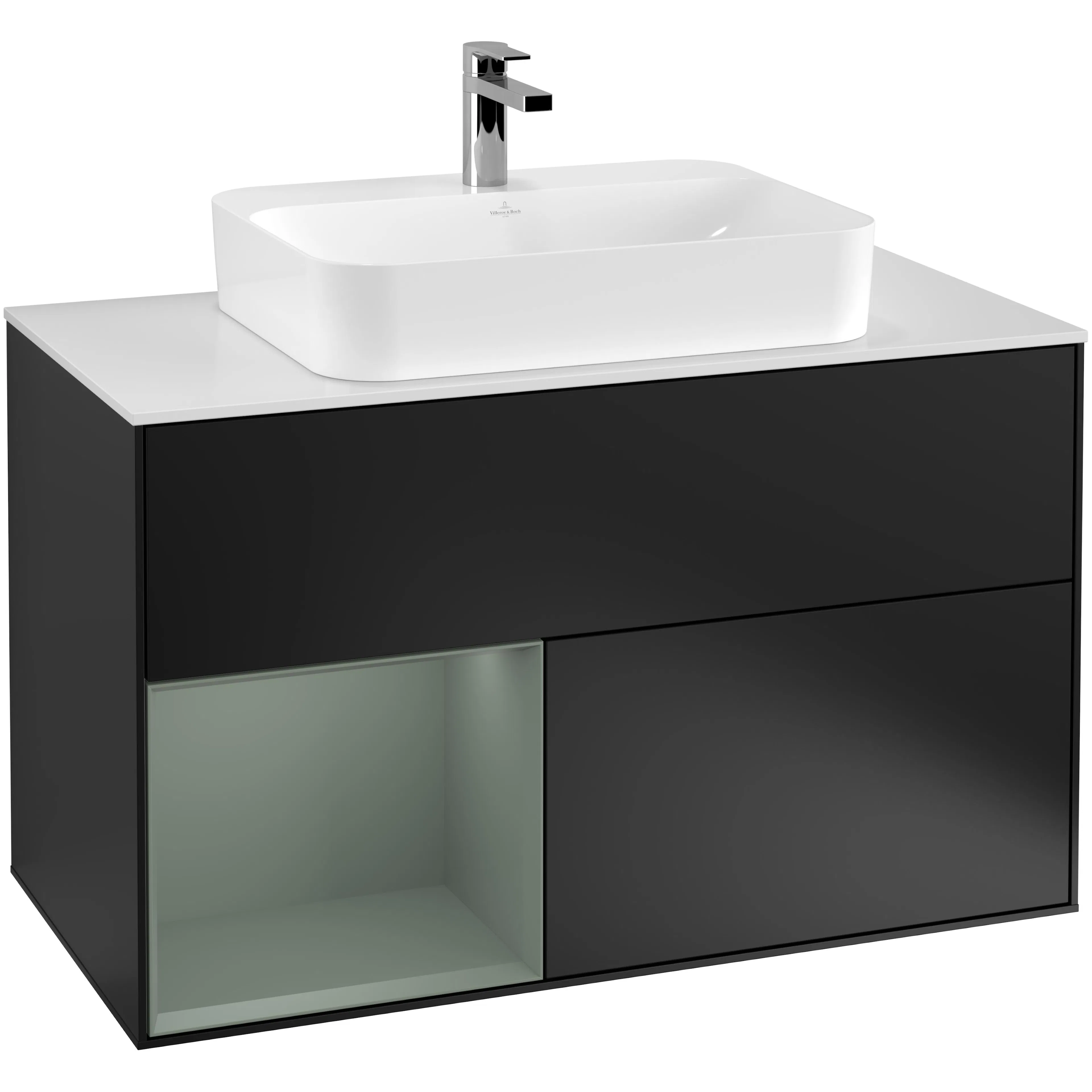 Tvättställsskåp Villeroy & Boch Finion G361GMPD Svart Mattlack/Oliv Mattlack med bänkskiva i Mattvitt glas med Väggbelysning, Lucka Vänster