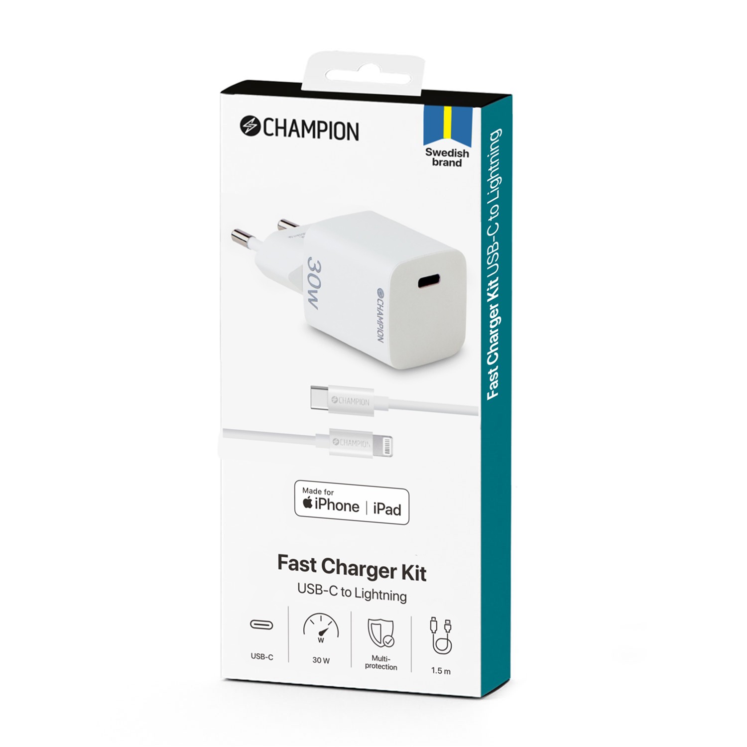 Laddare Champion 30W + USB-C till Lightning Kabel Vit