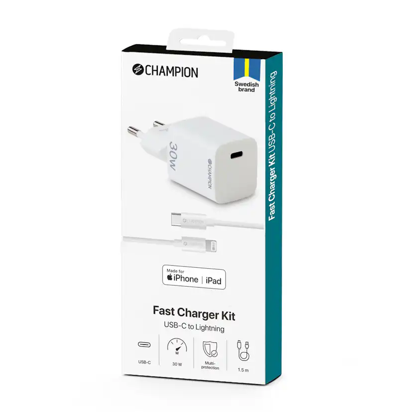 Laddare Champion 30W + USB-C till Lightning Kabel Vit