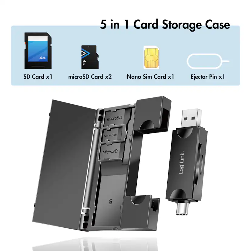 Minneskortsläsare LogiLink USB-C + USB-A MicroSD - och SD-kort inkl. Förvaring