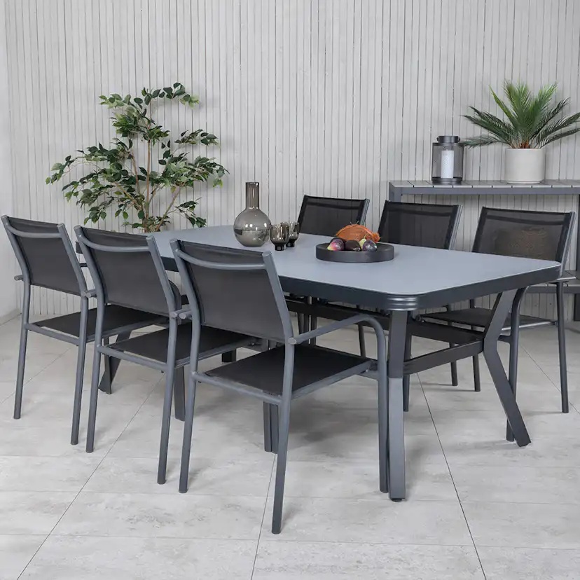 Matgrupp Venture Home Vyn med 6 Samba Stapelbara Matstolar