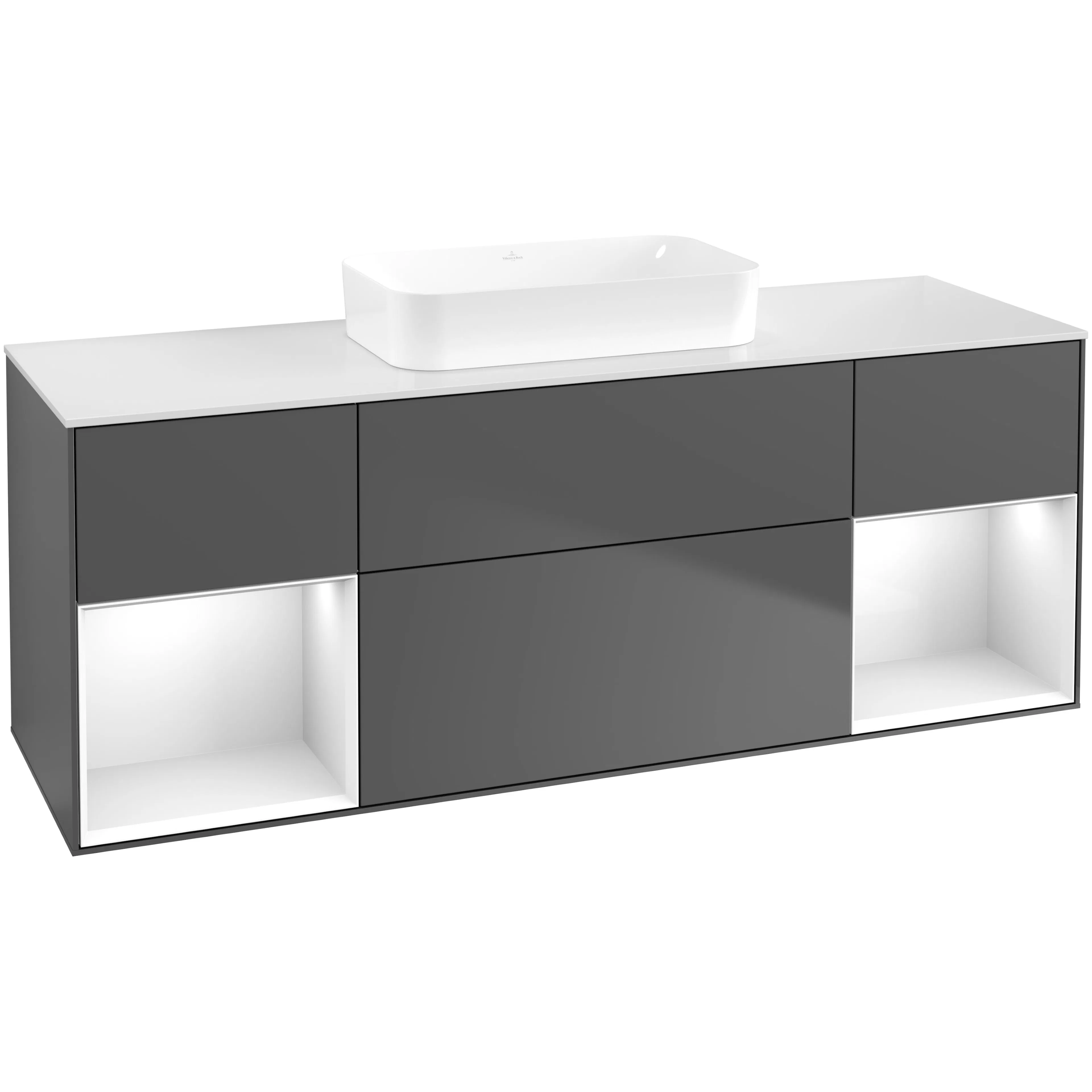 Tvättställsskåp Villeroy & Boch Finion F741GFGK Antracitgrå Mattlack/Vit Högblank med bänkskiva i Mattvitt glas utan Blandarhål