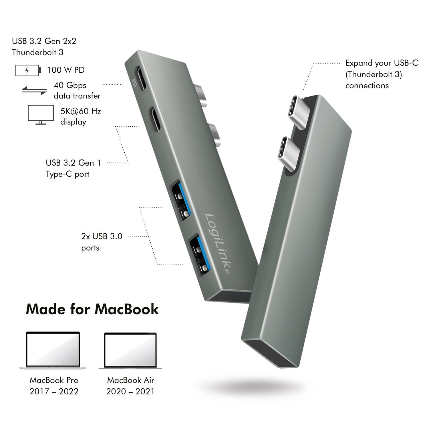 Dual USB 3.2 LogiLink Gen2x2-hub 4-portar PD 100W