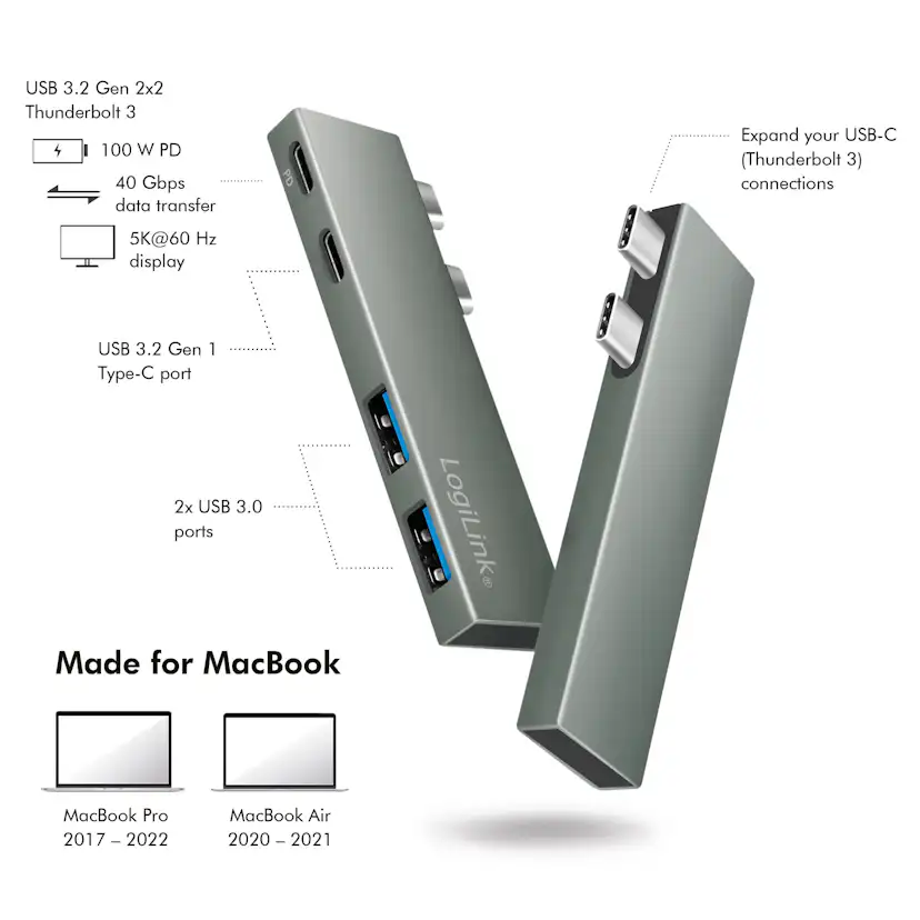 Dual USB 3.2 LogiLink Gen2x2-hub 4-portar PD 100W