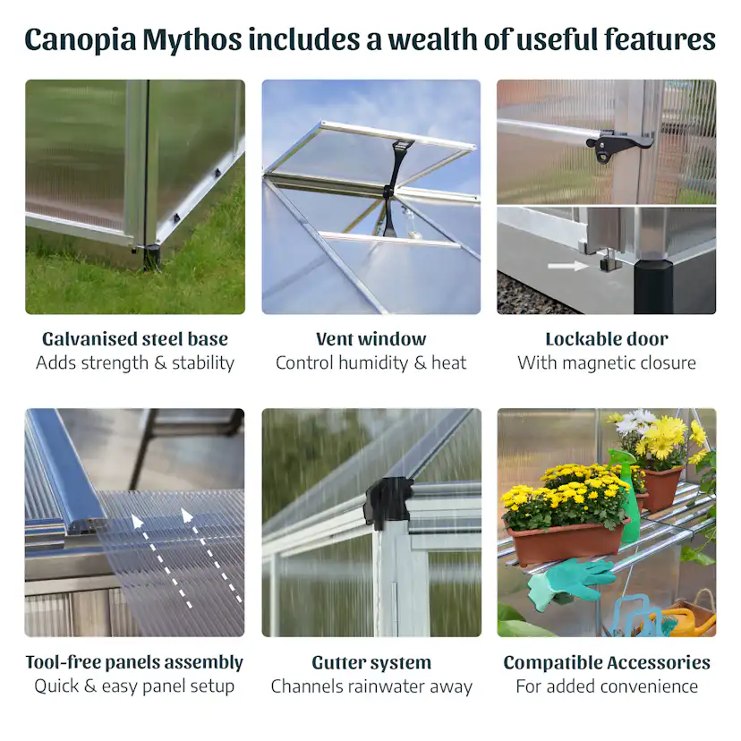 Växthus Canopia by Palram Mythos Aluminiumram med UV-Skyddad Polykarbonat & Ventilationsfönster, 7,9 m²