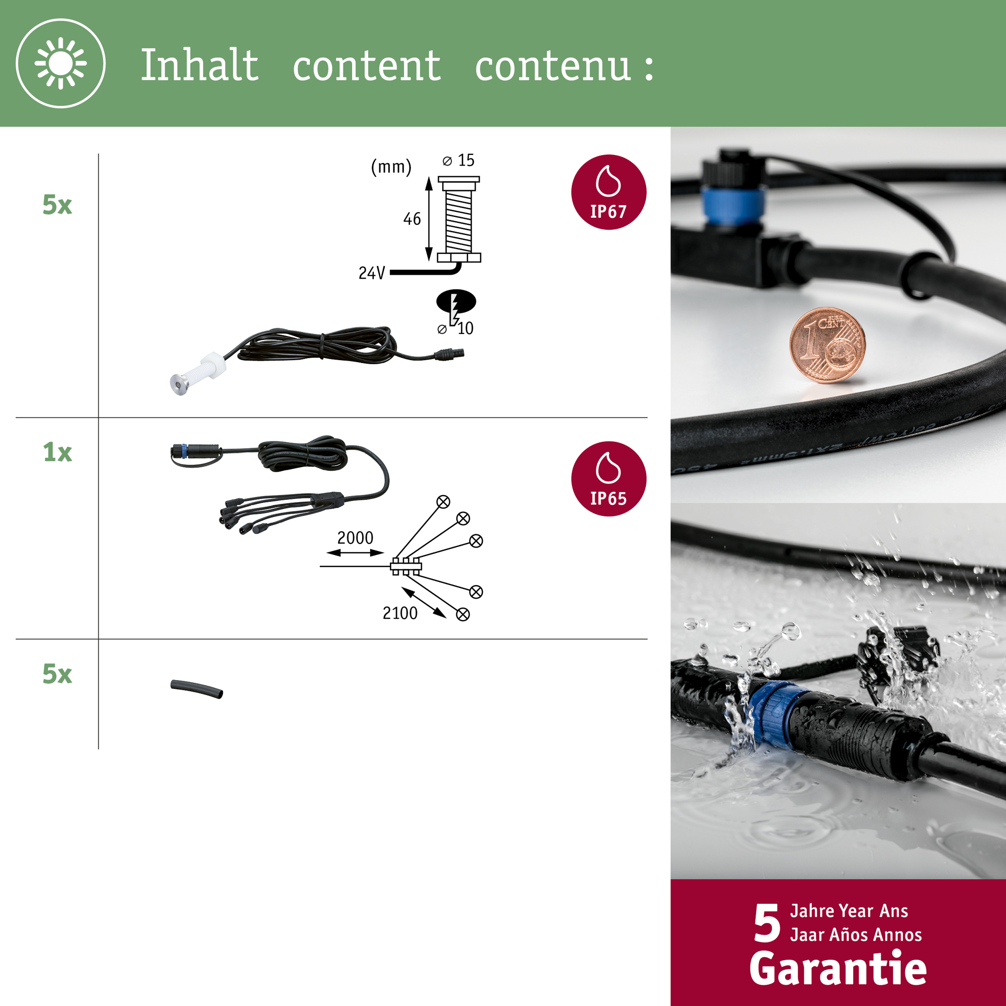 LED Infälld Markbelysning Paulmann Plug & Shine MicroPenII IP67 24V Förlängningsset 5-pack med Kabel