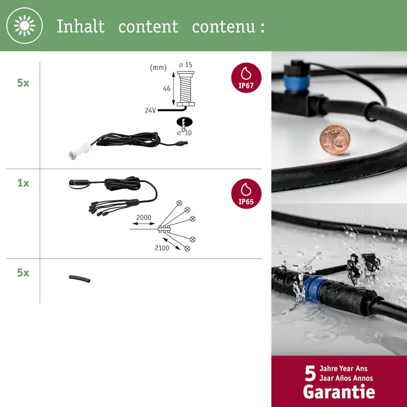 LED Infälld Markbelysning Paulmann Plug & Shine MicroPenII IP67 24V Förlängningsset 5-pack med Kabel