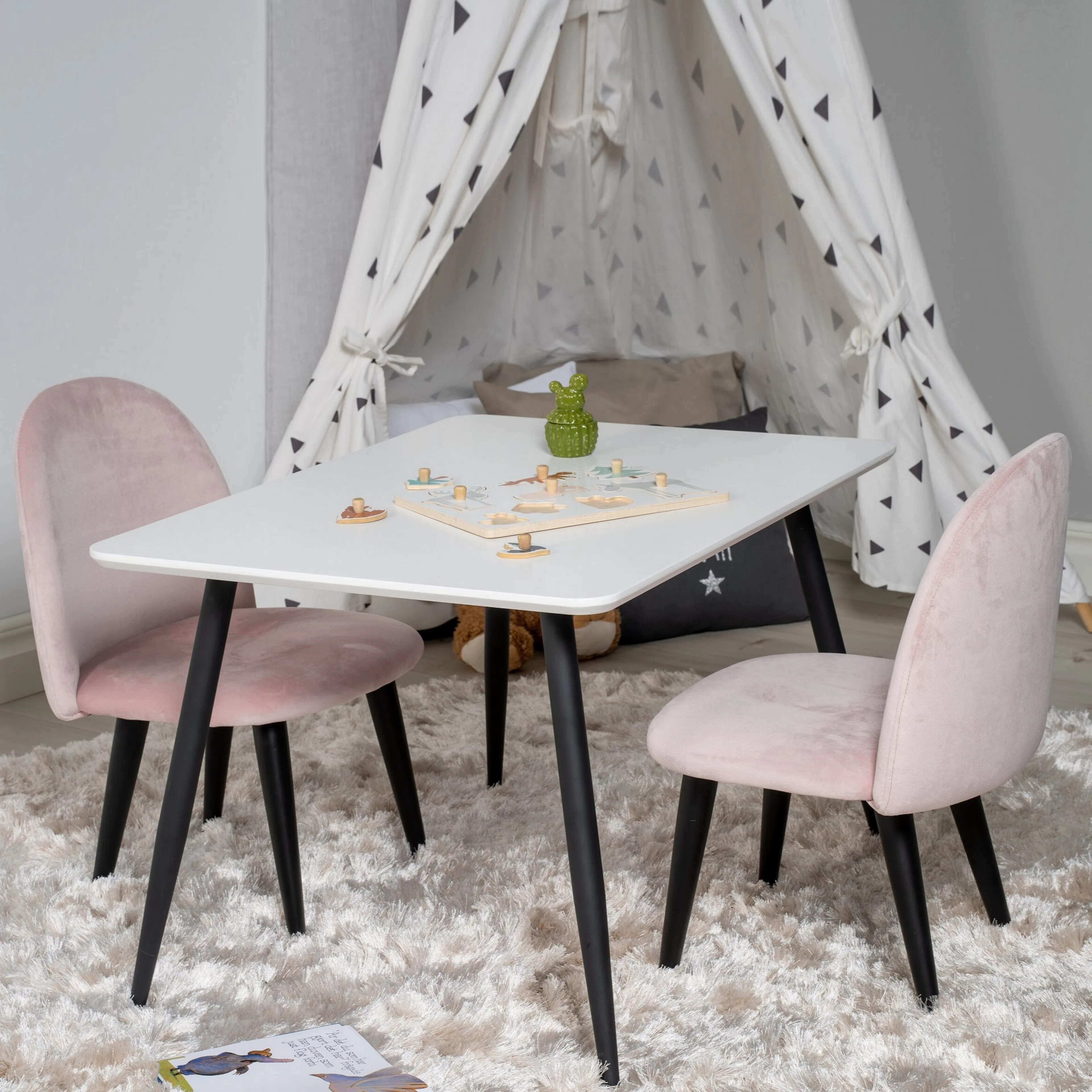 Polar Dining Table 80*60 XXS - White / Black +Velvet Dining Vit/Rosa