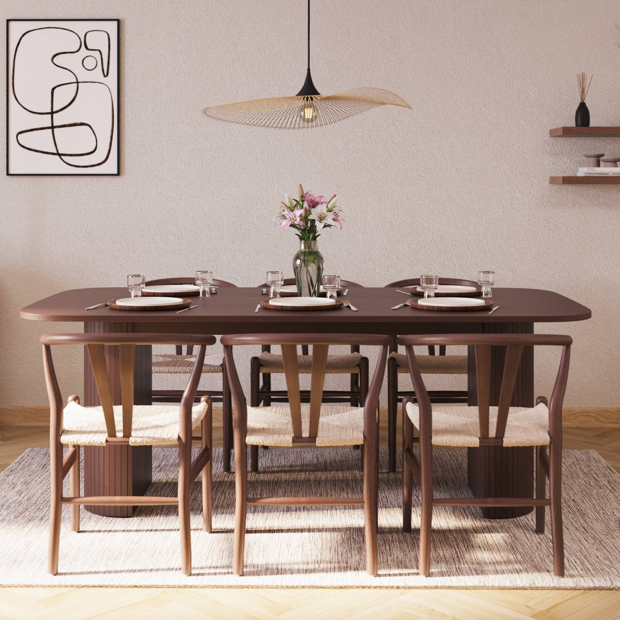 Matgrupp Bark Kopparbo Rektangulärt Matbord 200 cm med 6 Dastoori Matstol Brun