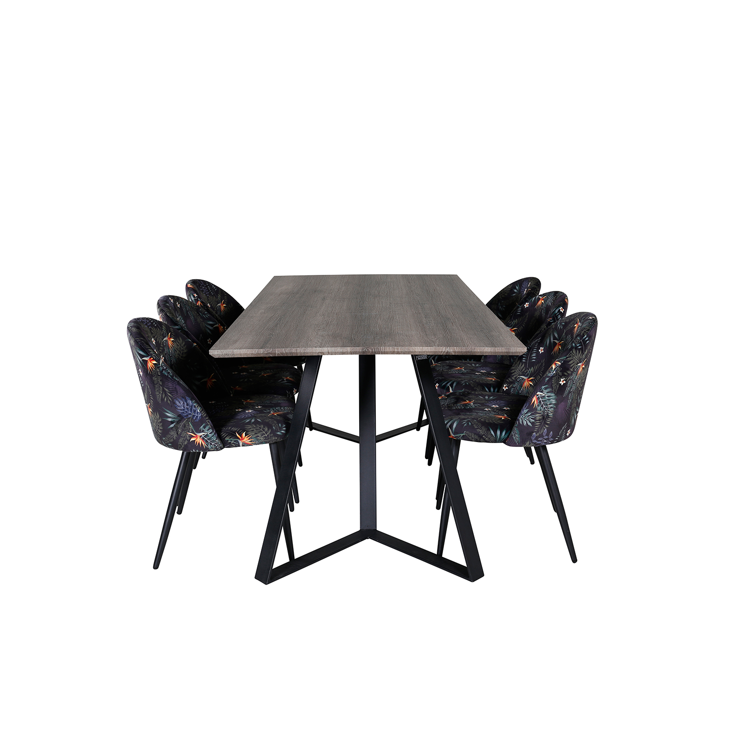 Marina Dining Table 180x90 cm+Velvet Dining Chair Grå/Svart/Blommönstrad