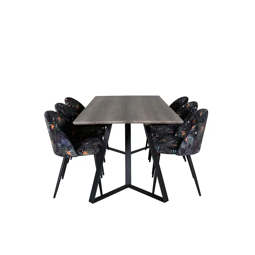 Marina Dining Table 180x90 cm+Velvet Dining Chair Grå/Svart/Blommönstrad