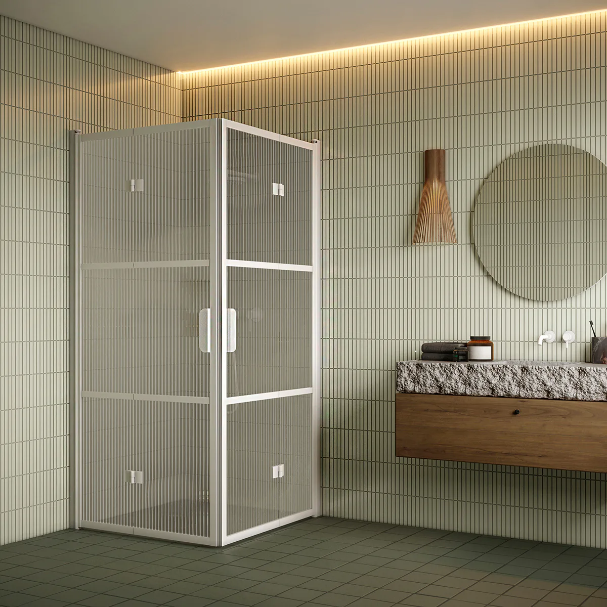 Bläk 89A Tokyo duschhörn med vikbara dör vit/reed 802x902 902 (A) x 802 (B) mm, Reeded, Vita Profiler