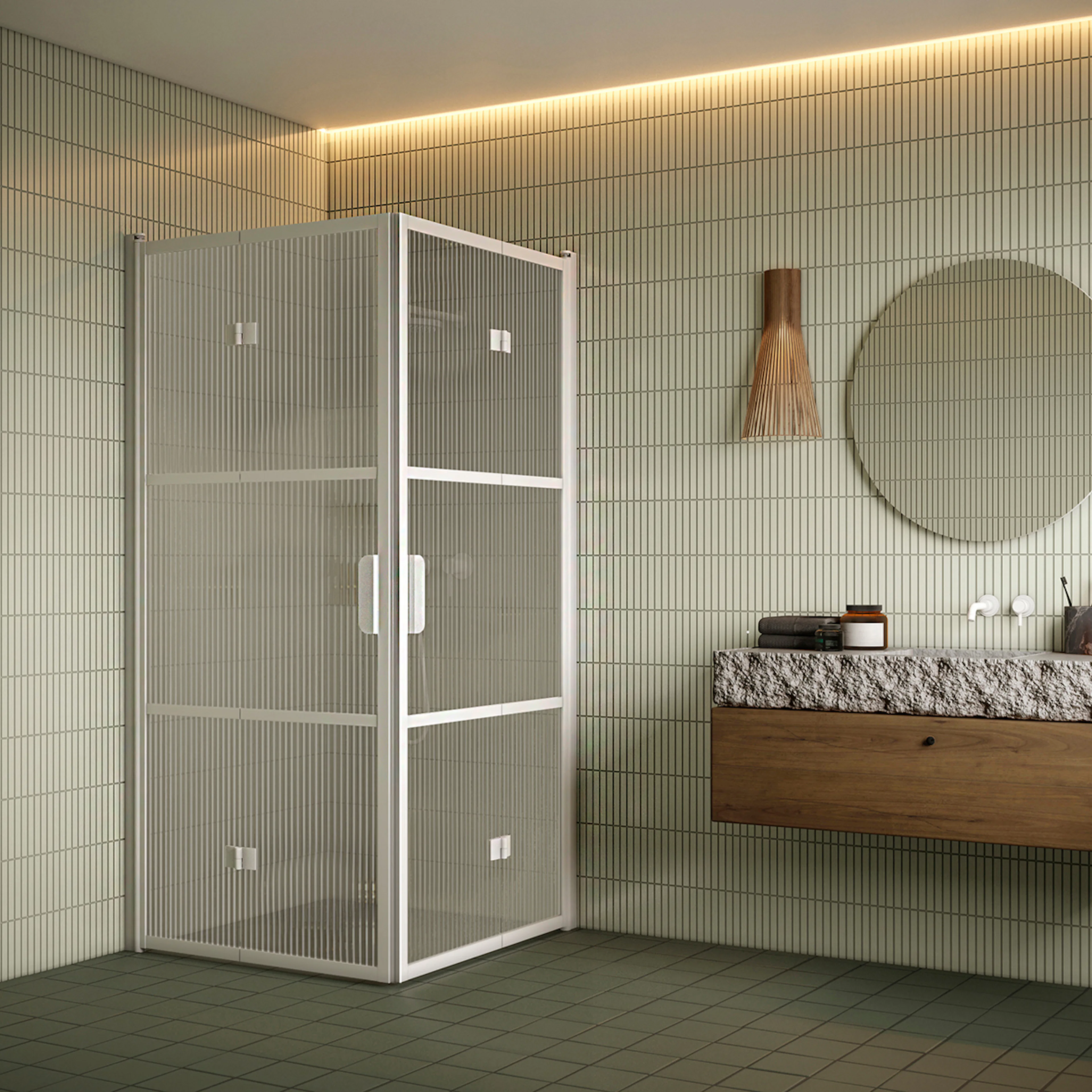 Bläk 89A Tokyo duschhörn med vikbara dör vit/reed 802x902 902 (A) x 802 (B) mm, Reeded, Vita Profiler