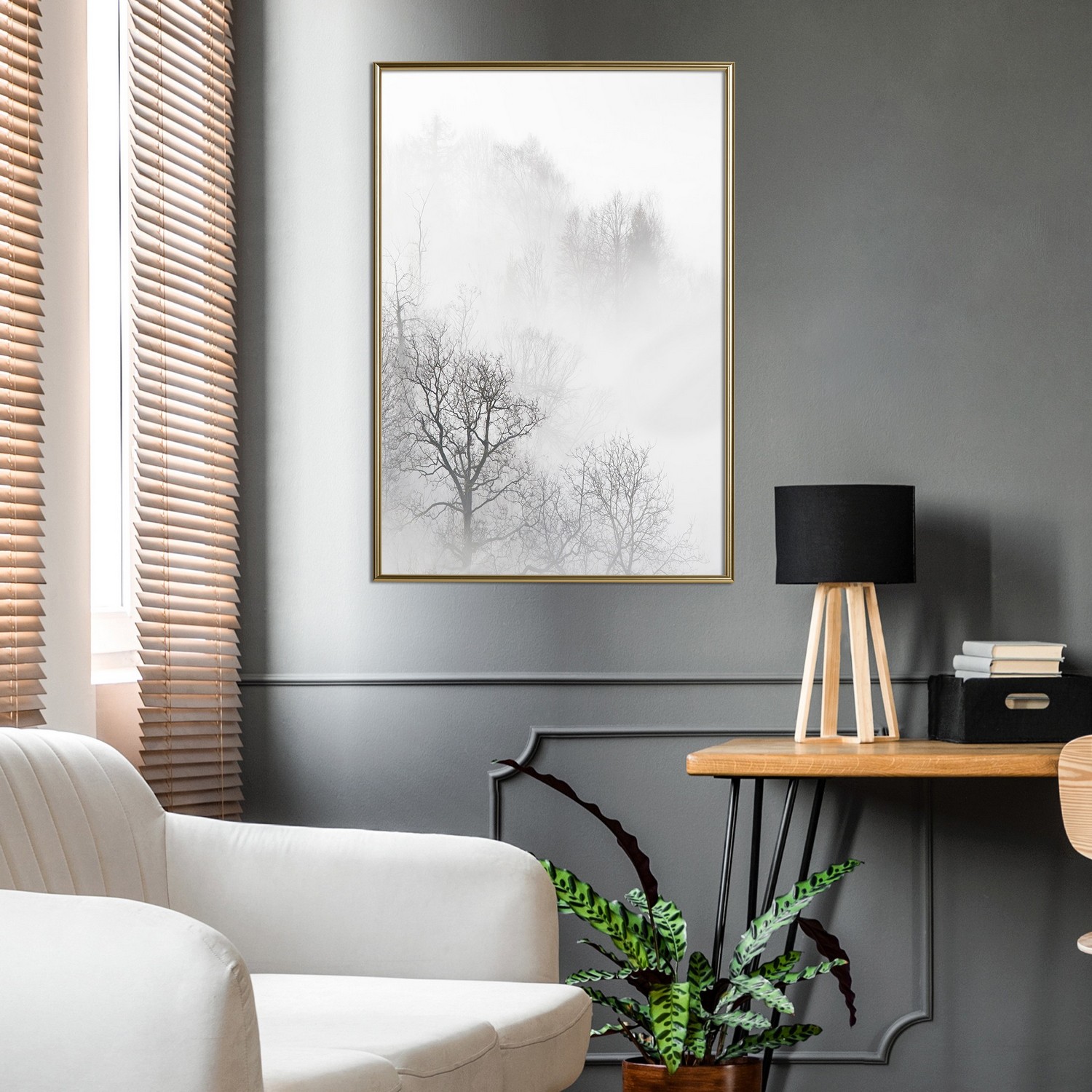 Affisch - Trees In The Fog [Poster] 30x45 Guld ram, 30x45 cm
