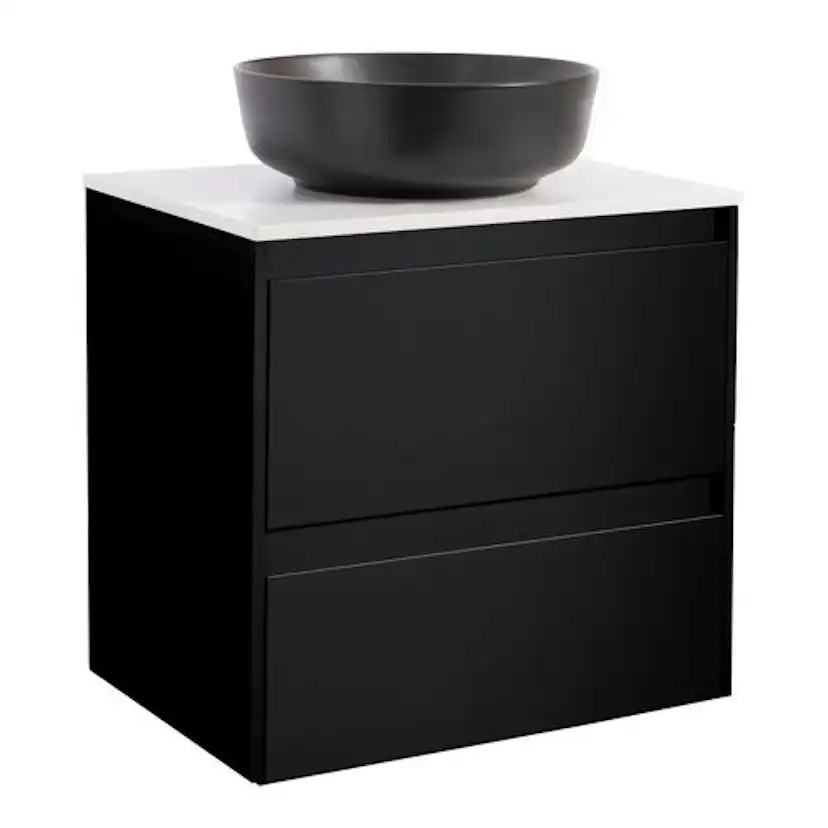 Luxor 60 Sv. Bs Vit+Ts Rund Sv Färg Tvättställsskåpet: Matt Svart, Färg Bänkskiva: Vit, Färg Tvättställ: Svart - B: 606 mm, H: 737 mm, D: 470 mm