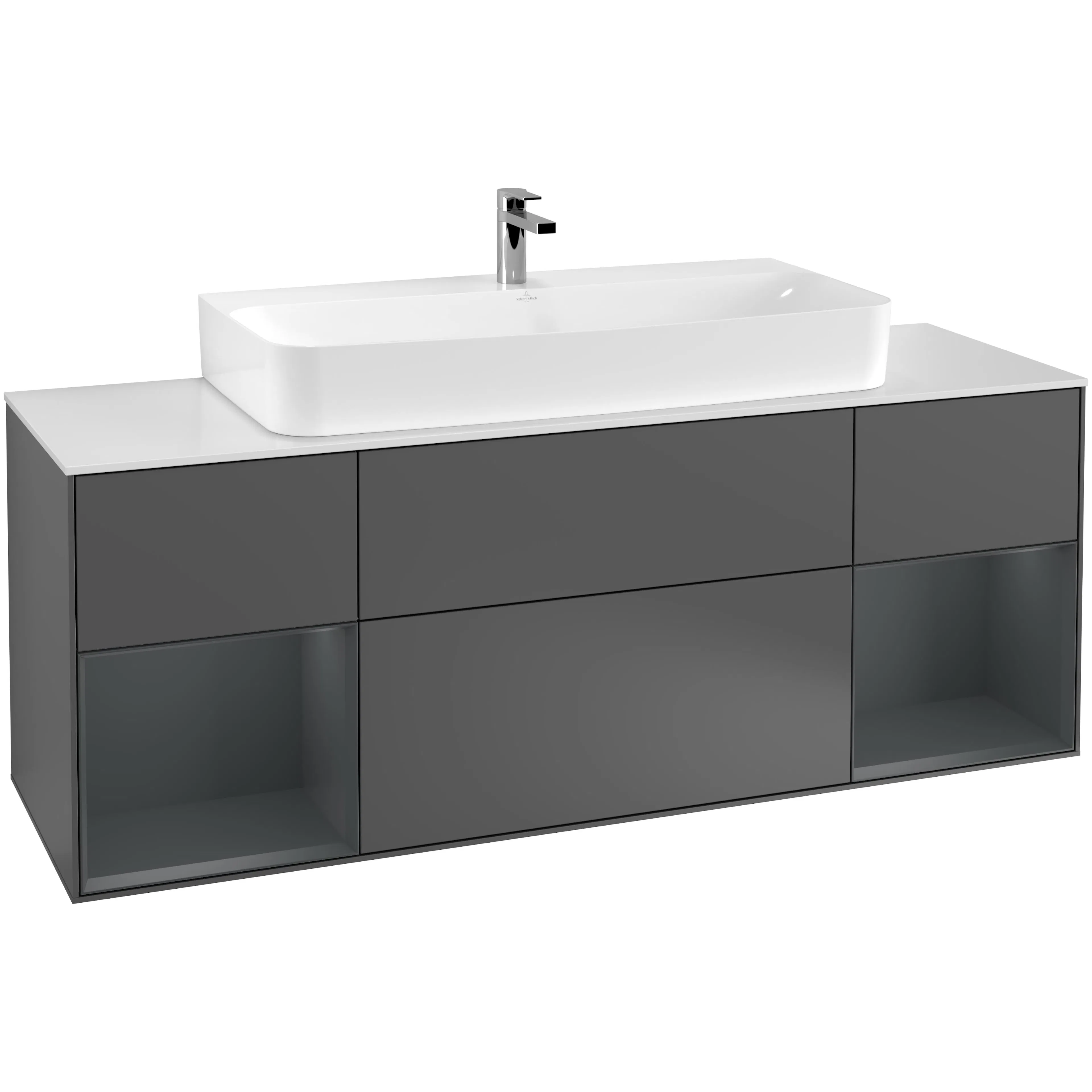 Tvättställsskåp Villeroy & Boch Finion F211HGGK Antracitgrå Mattlack/Midnattsblå Mattlack med bänkskiva i Mattvitt glas