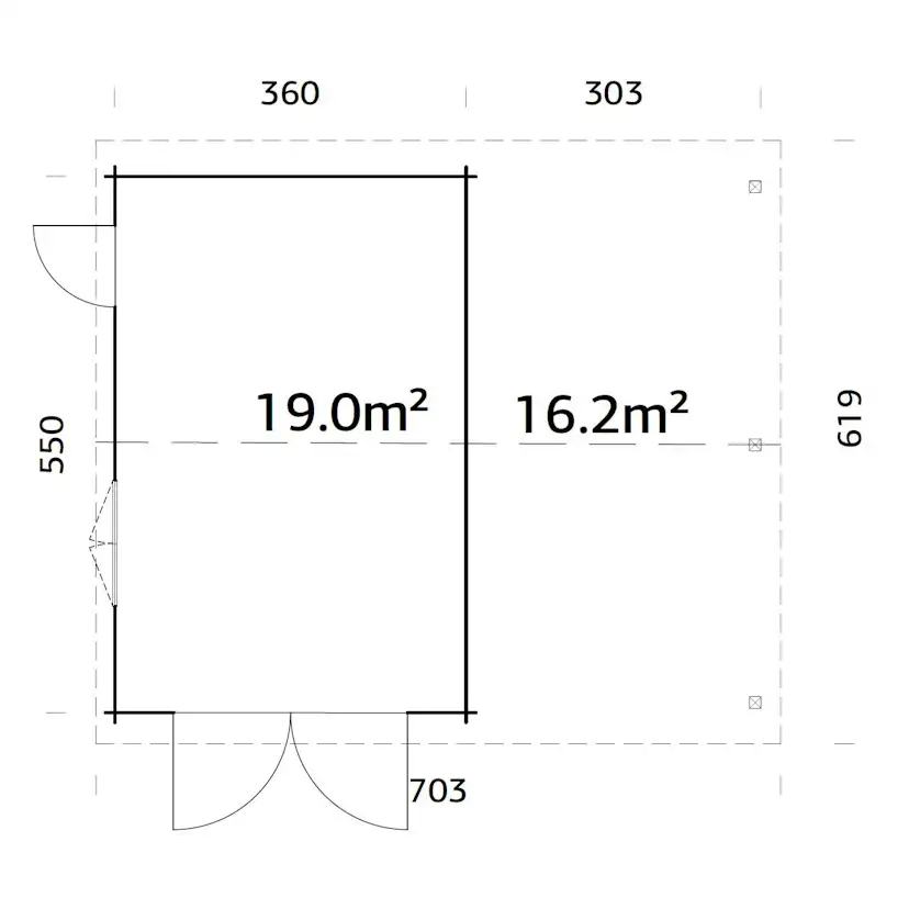 Roger 19,0+16,2 m2 with wooden gate GYDIP Impregnerad grå