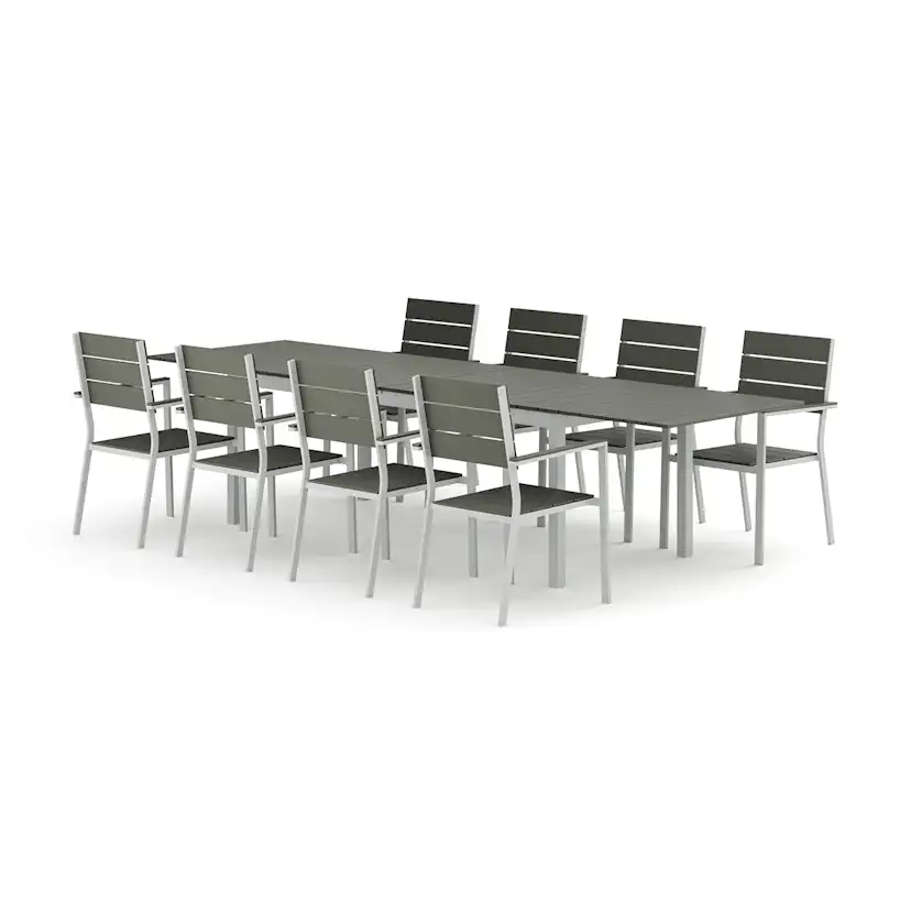 Trädgårdsgrupp Comfort Garden Tunis utomhus matgrupp förlängningsbart 205/305x90 cm med 8 Tunis stapelstolar