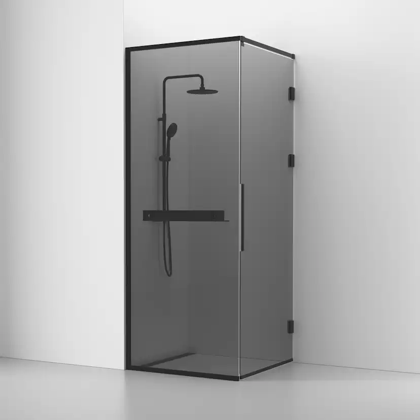 Langfoss Duschhörna Rak/Fast 90x92x230 Svart matt/Rök Hylla BxDxH: 900 x 920 x 2300 mm, Profil: Mattsvart Aluminium, Rökfärgat glas