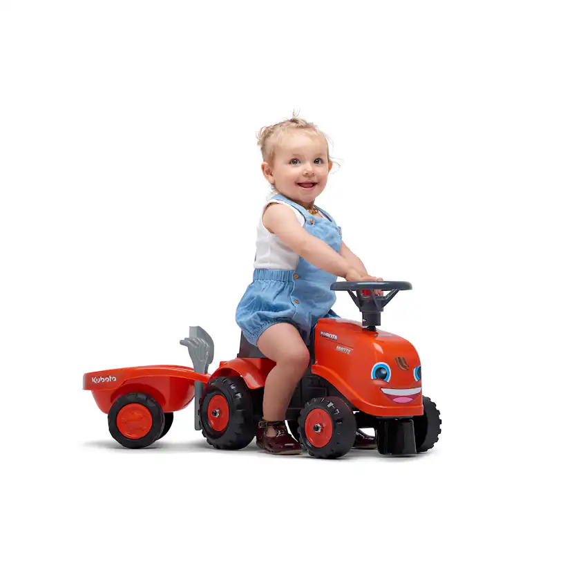 Sparkbil FALK Traktor med trailer, kratta och skyffel Baby Kubota