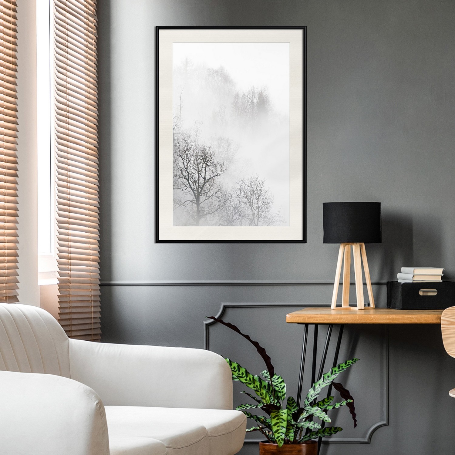 Affisch - Trees In The Fog [Poster] 40x60 Svart ram med passepartout, 40x60 cm