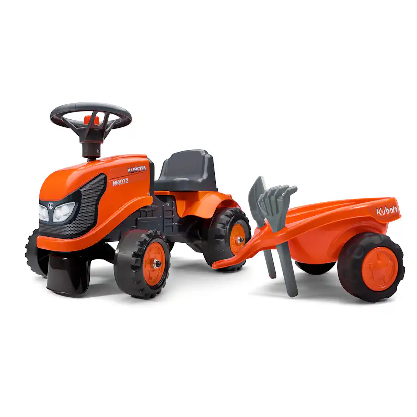 Sparkbil FALK Traktor med trailer, kratta och skyffel Baby Kubota