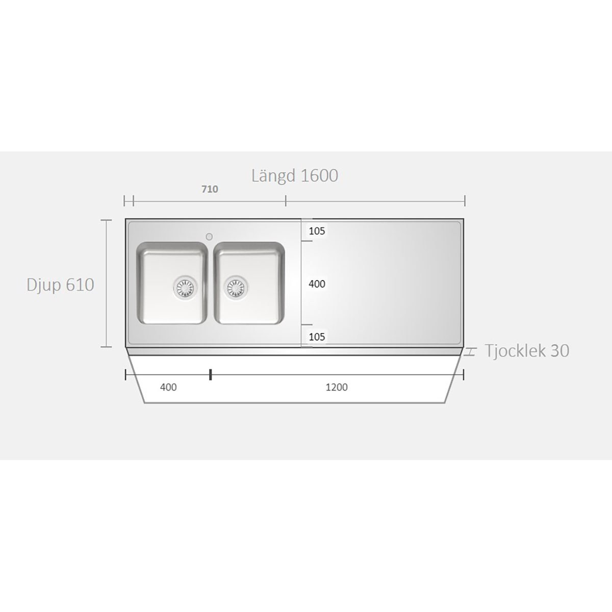 A1600 1600x610x30 Vänster Vänster, Bredd: 610 mm
