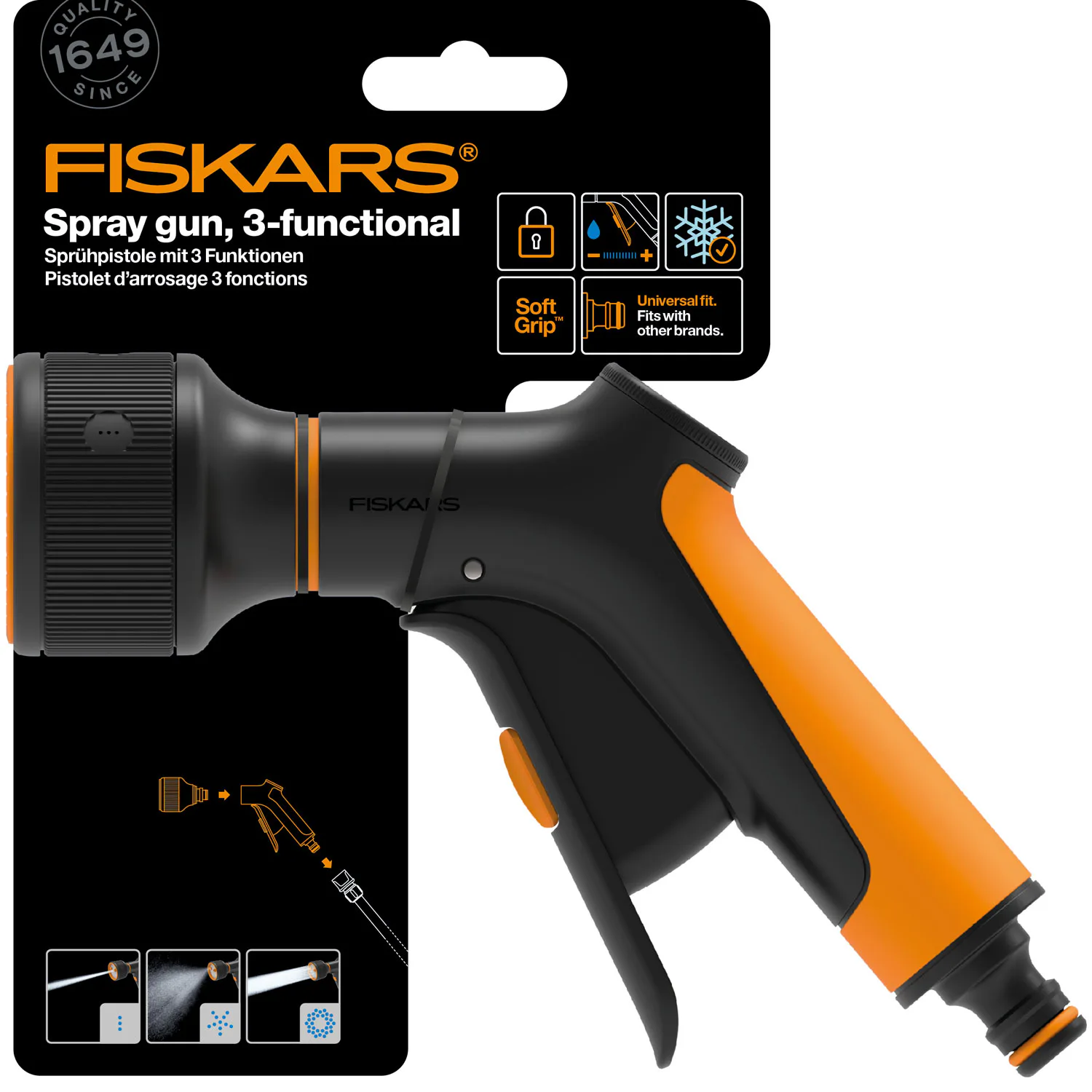 Bevattning Fiskars Sprinklerpistol med 3 Funktioner för Slangkopplingar
