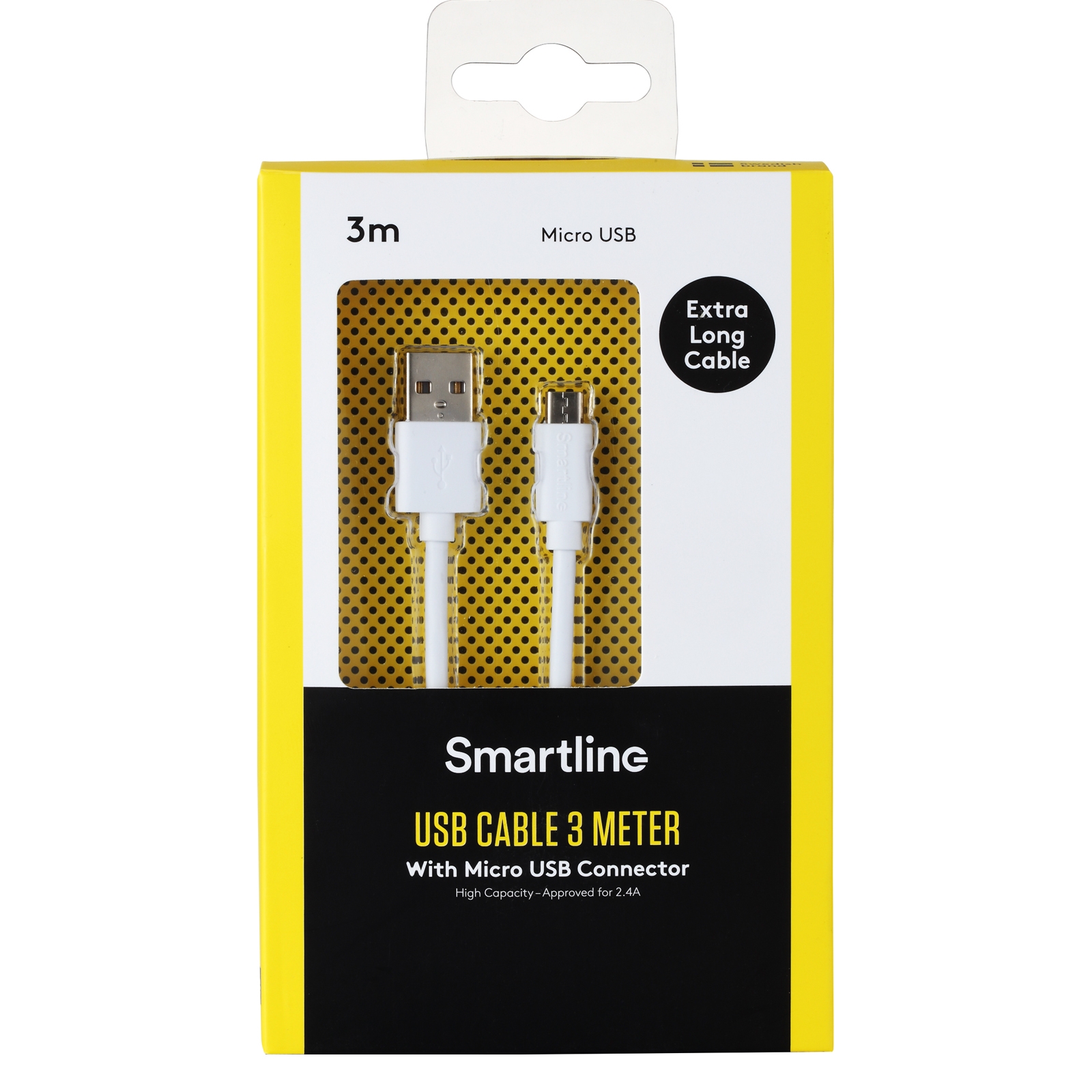 USB cable Micro 3m Vit, Kabellängd: 3 m