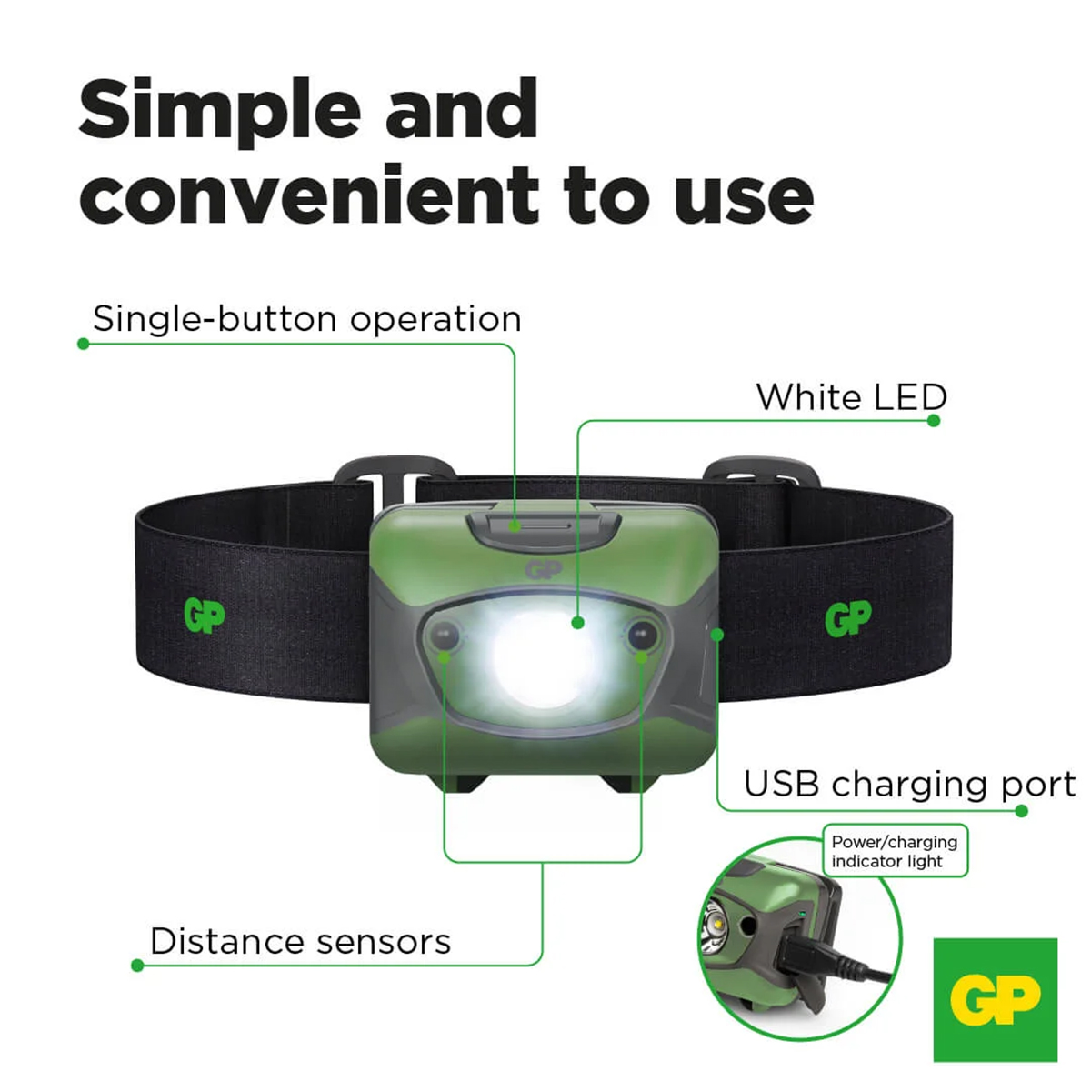 Laddningsbar Pannlampa GP Batteries Discovery CHR41 300lm Grön/Svart