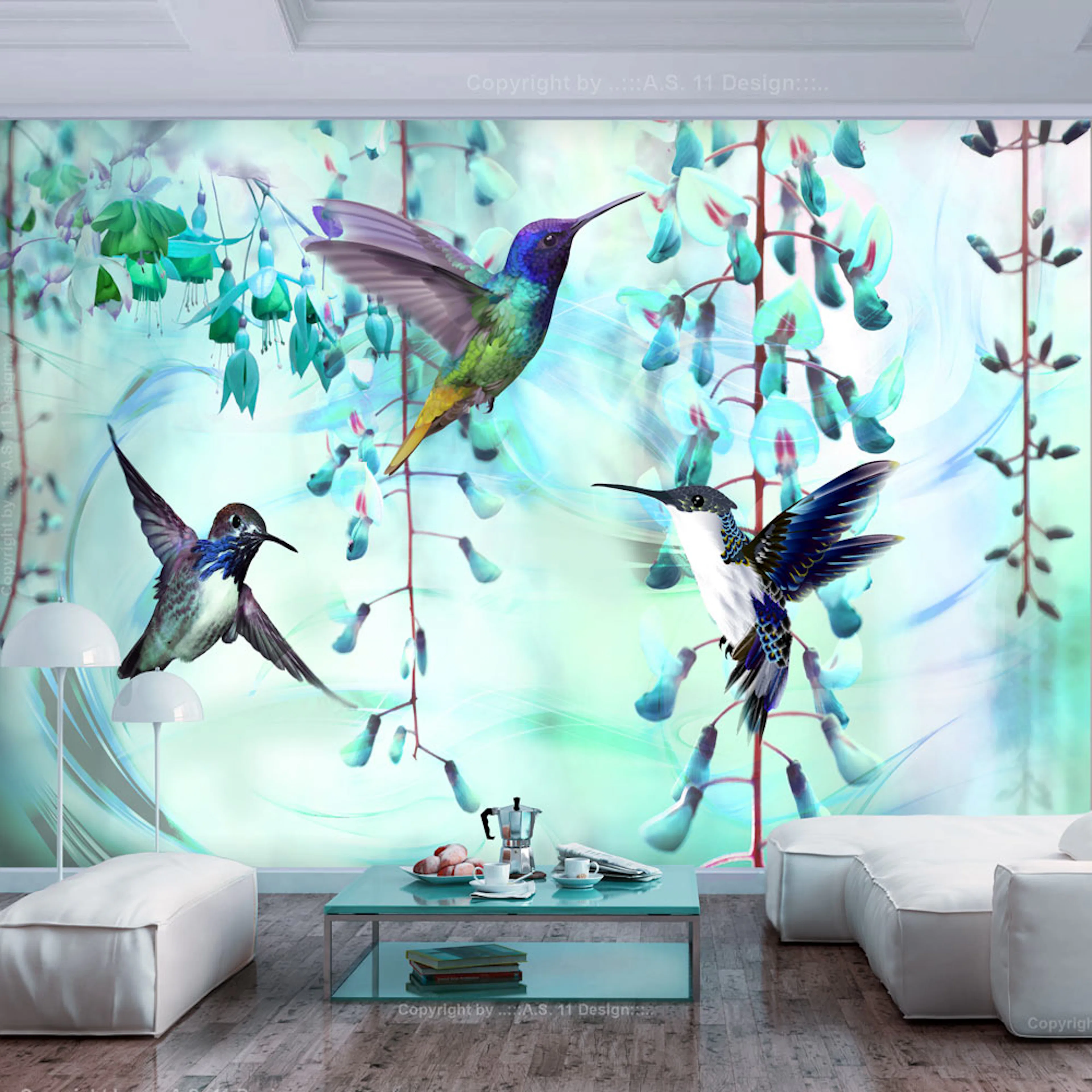 Fototapet Arkiio Självhäftande Flying Hummingbirds Green