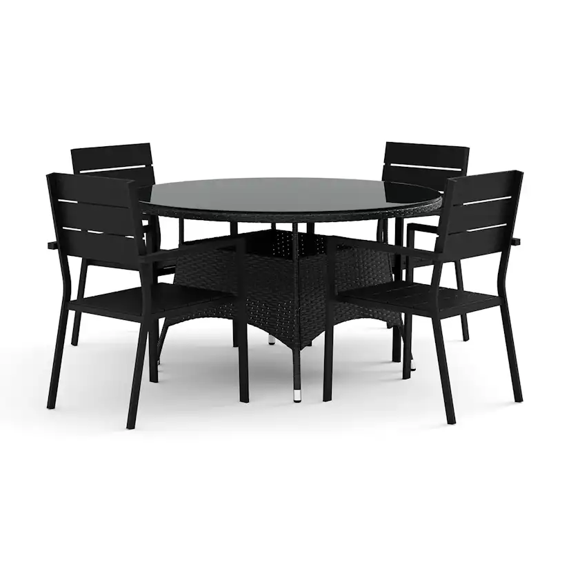 Trädgårdsgrupp Comfort Garden Thor utomhus rund matgrupp 140 cm med 4 Tunis stapelstolar
