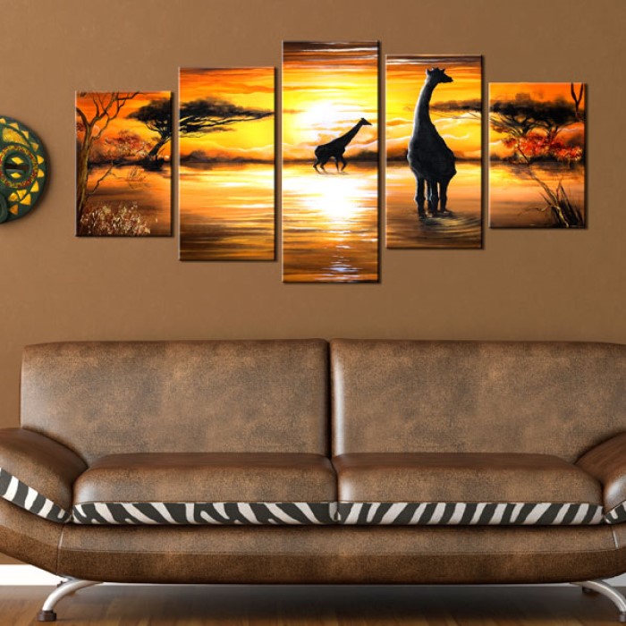 Tavla Arkiio Giraffer På Vattenhål